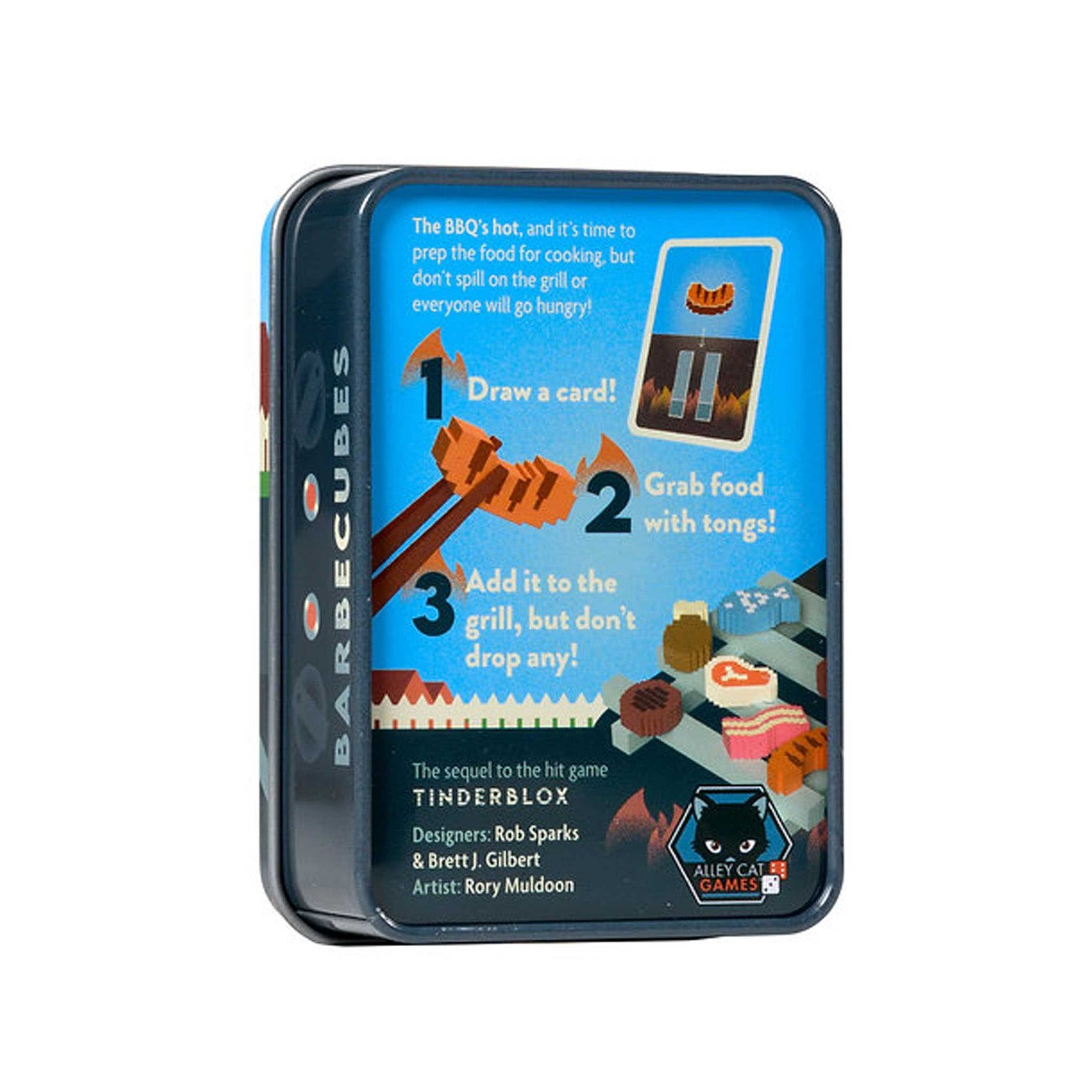 Eine Blechdose für das Spiel 'Barbecubes'. Sie enthält Anweisungen, Essensillustrationen und ein Logo mit einer schwarzen Katze.