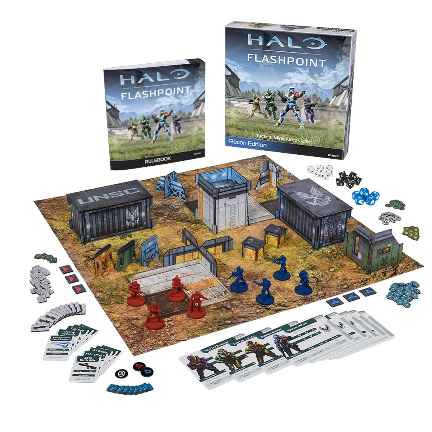 Halo Flashpoint Brettspiel-Set mit Miniaturen, Regelbuch und Karten. Enthält Spielbrett mit Gebäuden und Figuren.