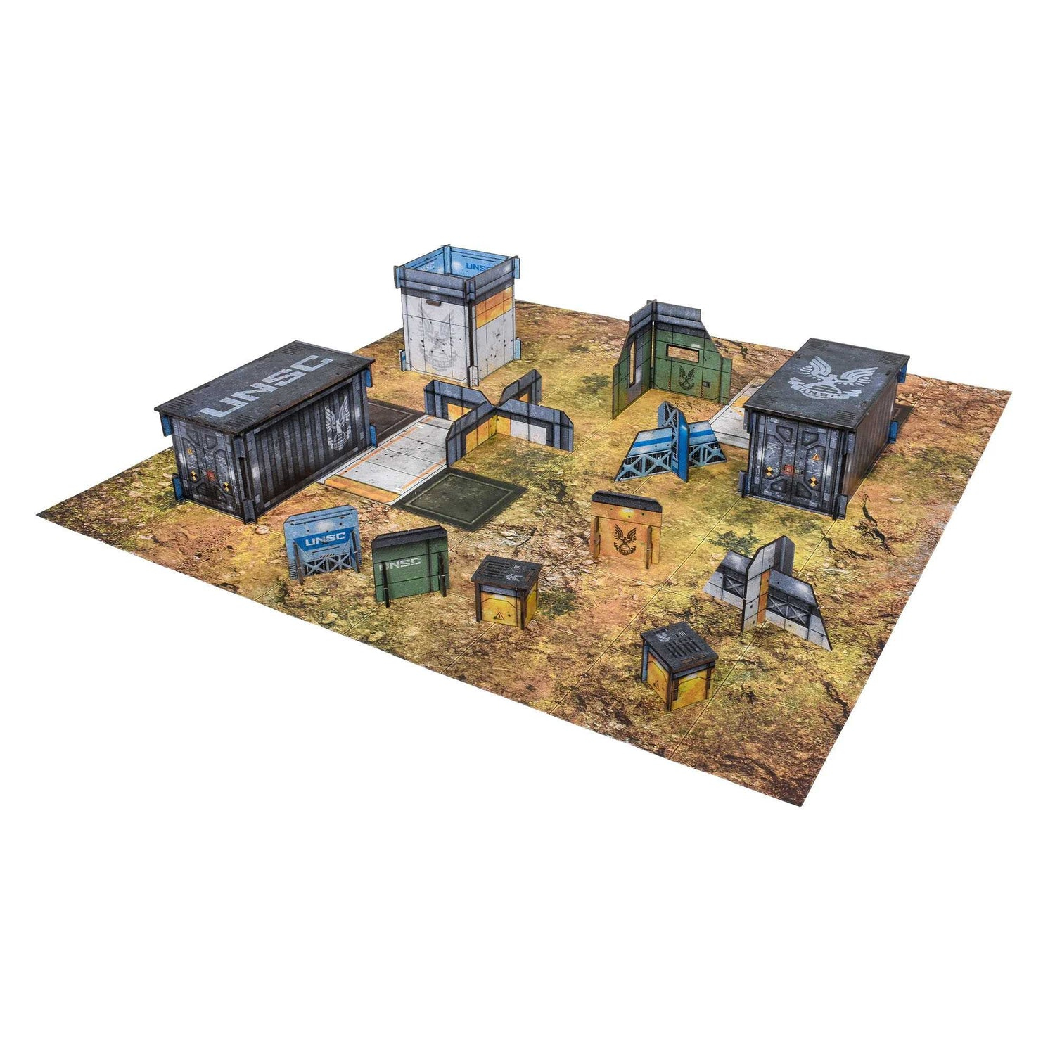 Eine Tabletop-Spielszene mit verschiedenen Strukturen wie Containern und Gebäuden, alle mit "UNSC" gekennzeichnet, auf einer strukturierten Oberfläche.