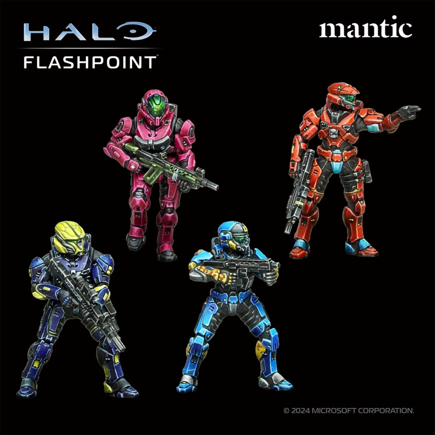 Vier Halo-Figuren in Rüstung, rot, rosa, blau und gelb, halten Waffen, mit den Logos Halo Flashpoint und Mantic.
