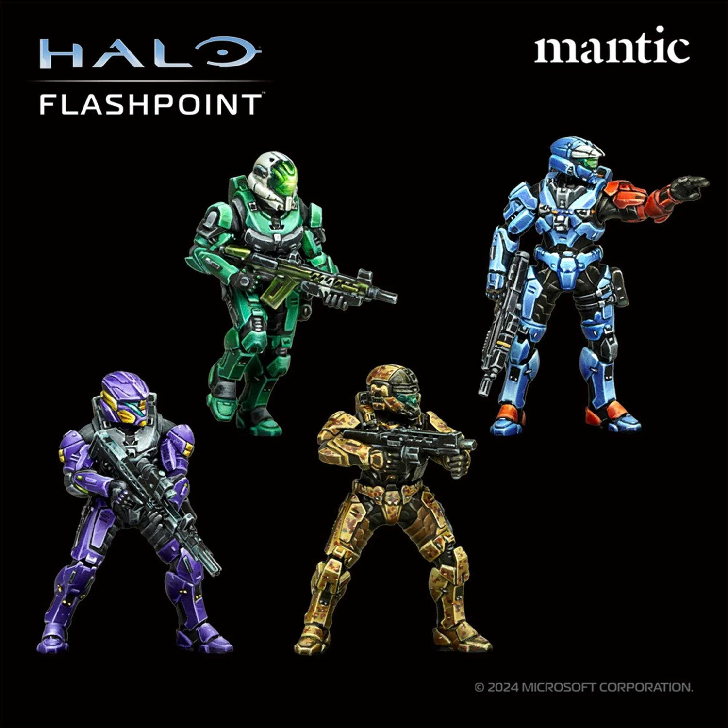 Vier Halo Flashpoint Figuren. Grüne, blaue, lila und goldene Rüstung. Jede hält eine Waffe. Schwarzer Hintergrund mit Logos.