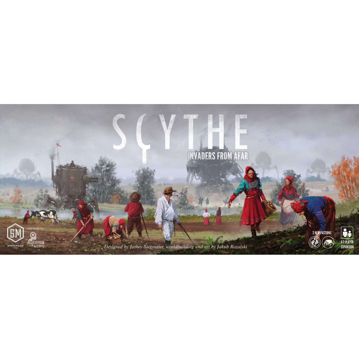Scythe-Brettspielcover. Menschen ernten Feldfrüchte. Im Hintergrund befindet sich eine große Maschine. Der Titel steht in großen Buchstaben.