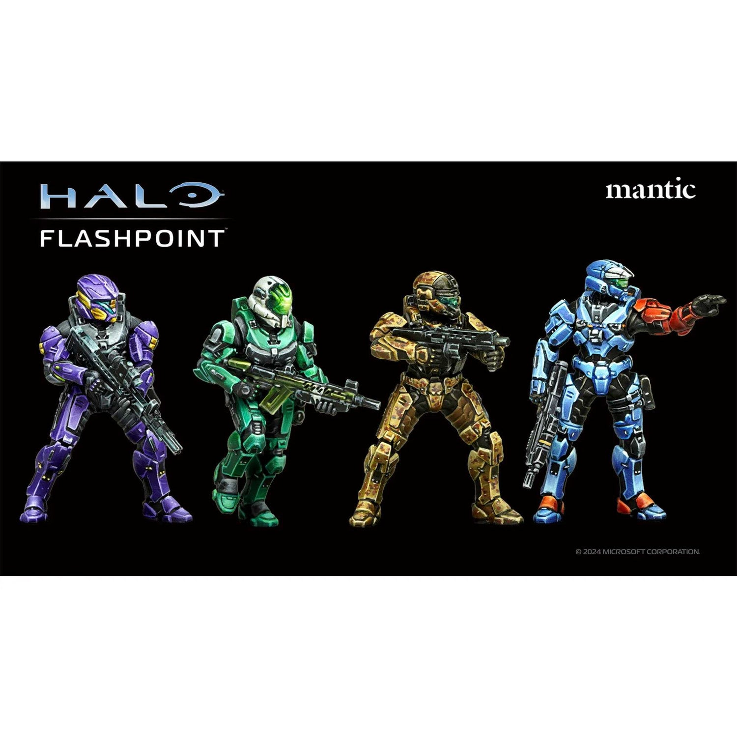 Vier Halo Flashpoint-Figuren. Lila, grün, braune und blaue Rüstung. Jeder hält eine Waffe. Schwarzer Hintergrund mit Text und Logo.