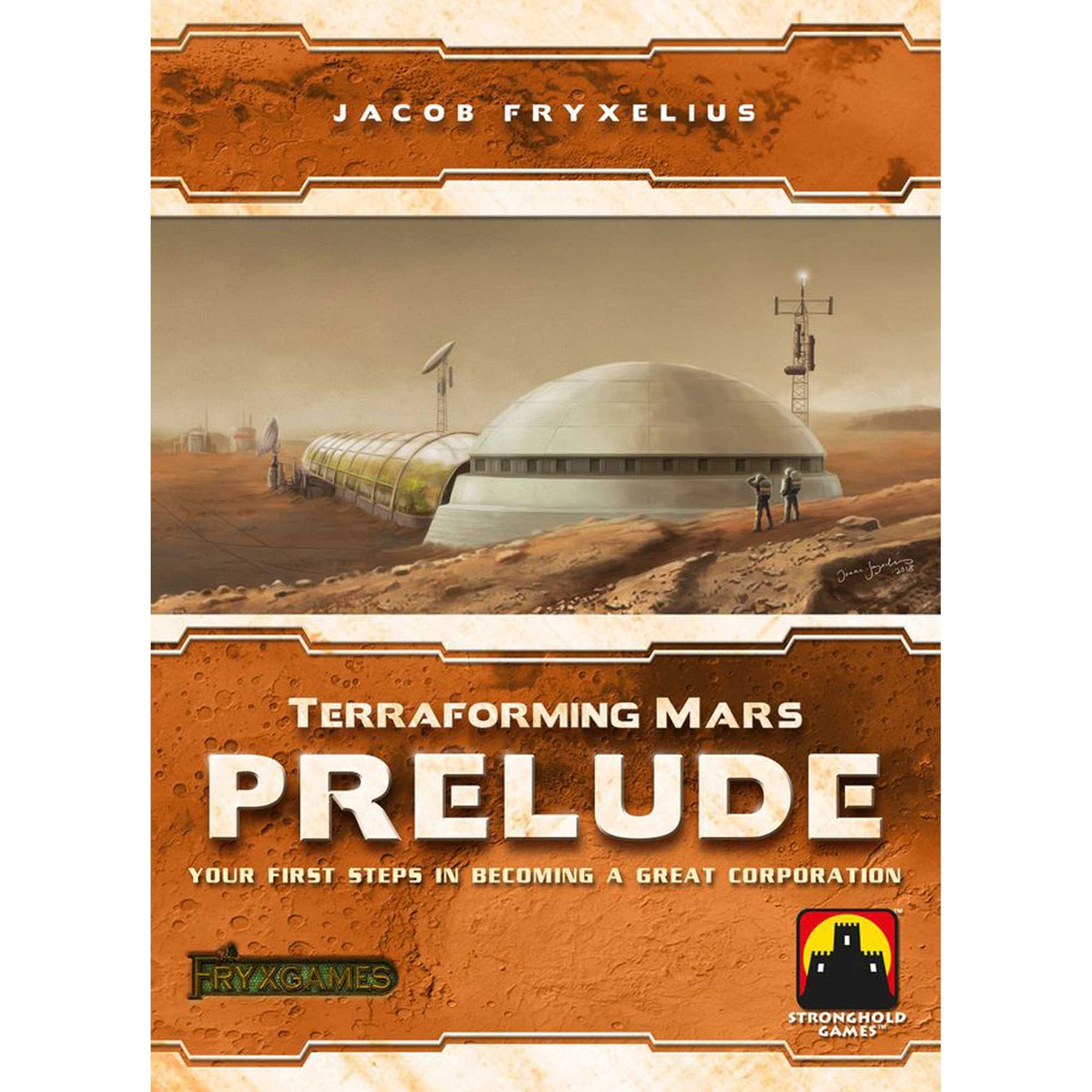 Spielbox-Cover mit Mars-Szene, Kuppelgebäude und den Worten 'Terraforming Mars: Prelude' mit Logos.