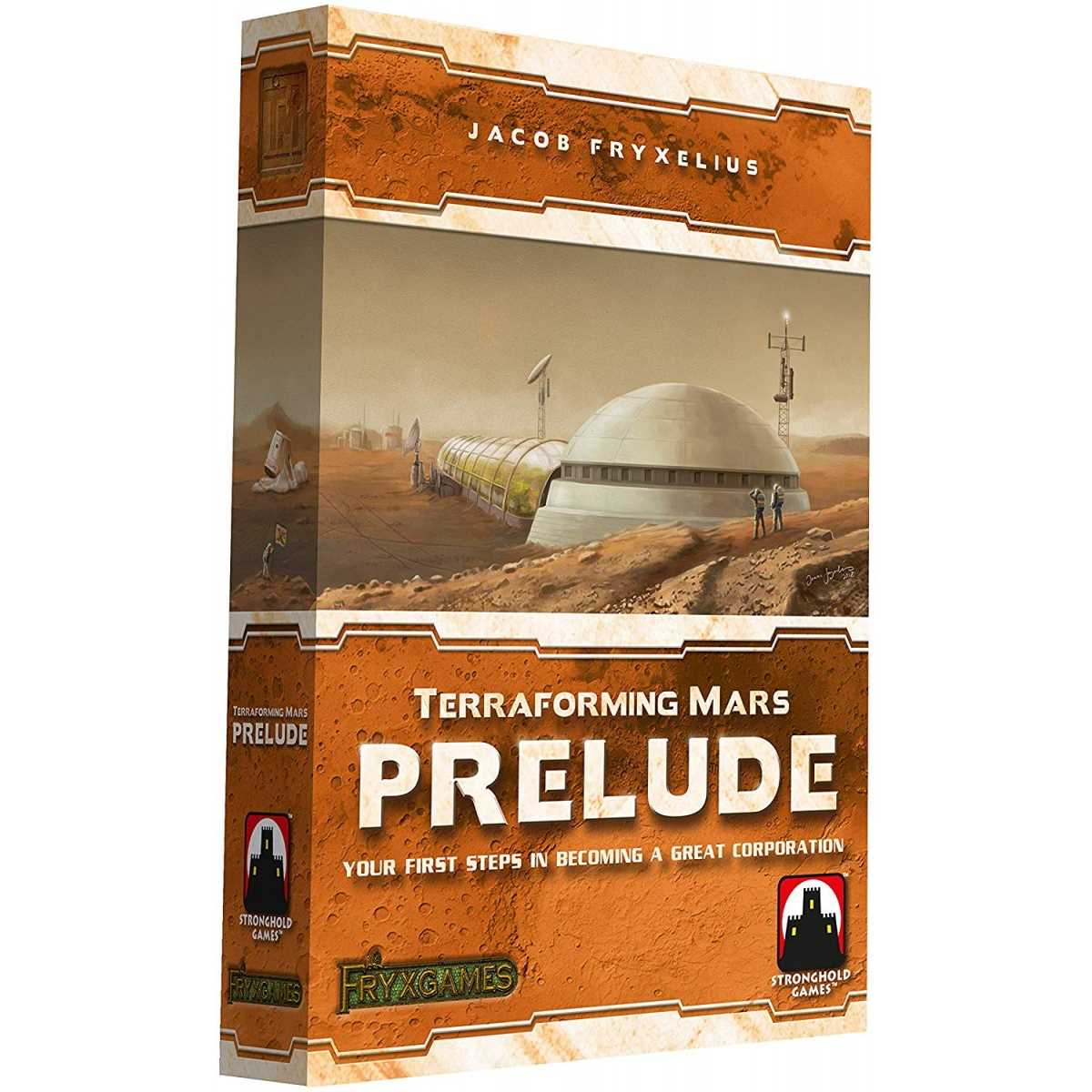 Schachtel von Terraforming Mars Prelude. Zeigt eine Marslandschaft mit Gebäuden, zwei Figuren und dem Spieletitel.