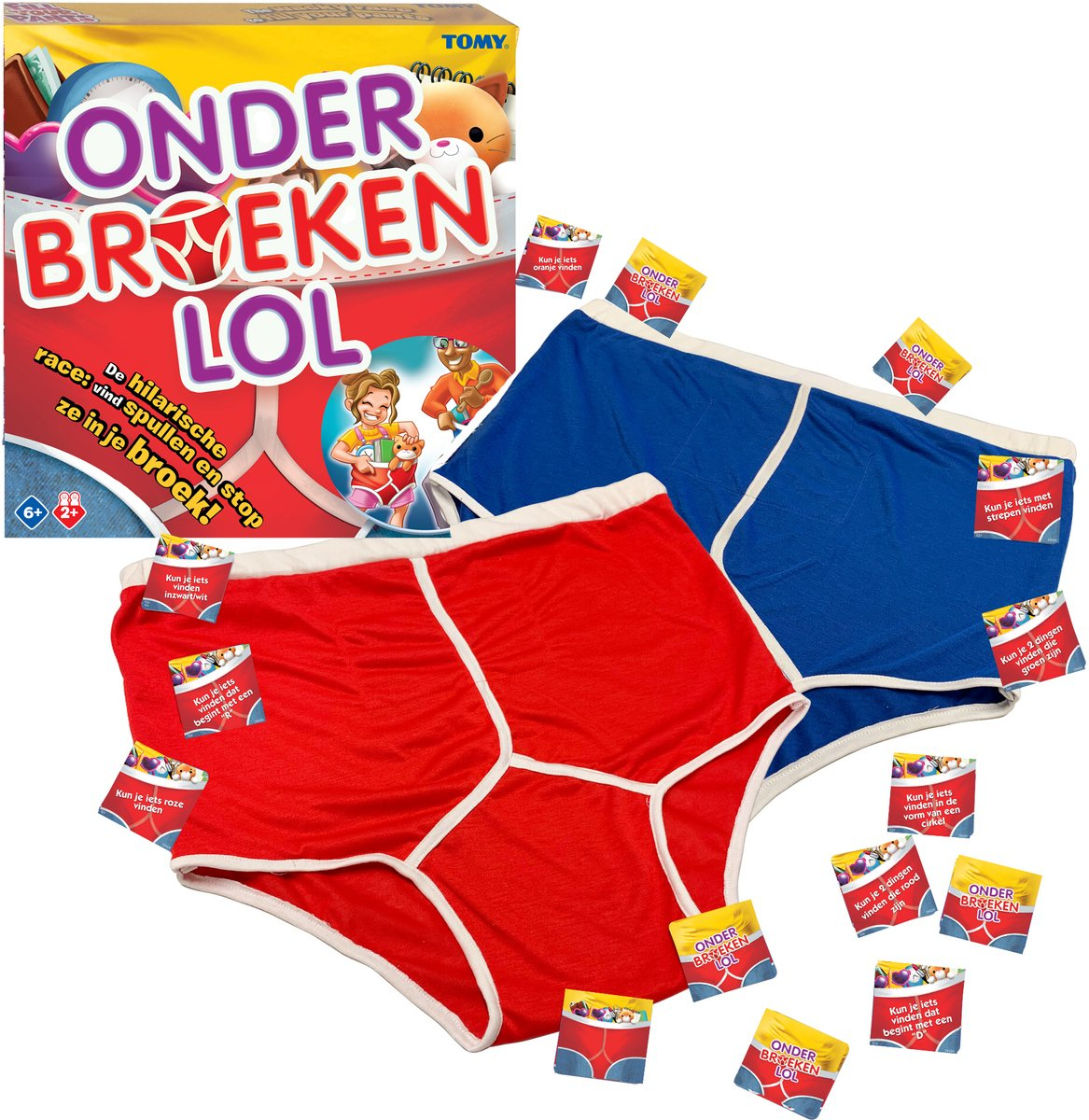 Een speldoos met de titel 'Onder Broeken LOL' en twee onderbroeken, rood en blauw. Verschillende kaarten zijn verspreid.