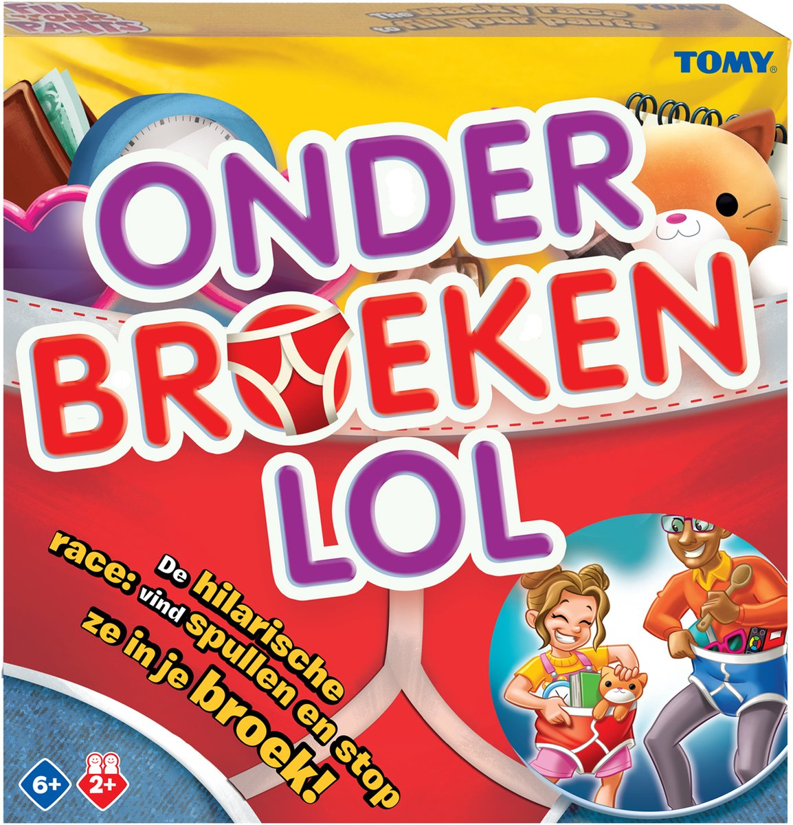 Speldoos met de titel 'ONDER BROEKEN LOL'. Bevat cartoonfiguren en diverse objecten zoals een klok en een kattenspeeltje.