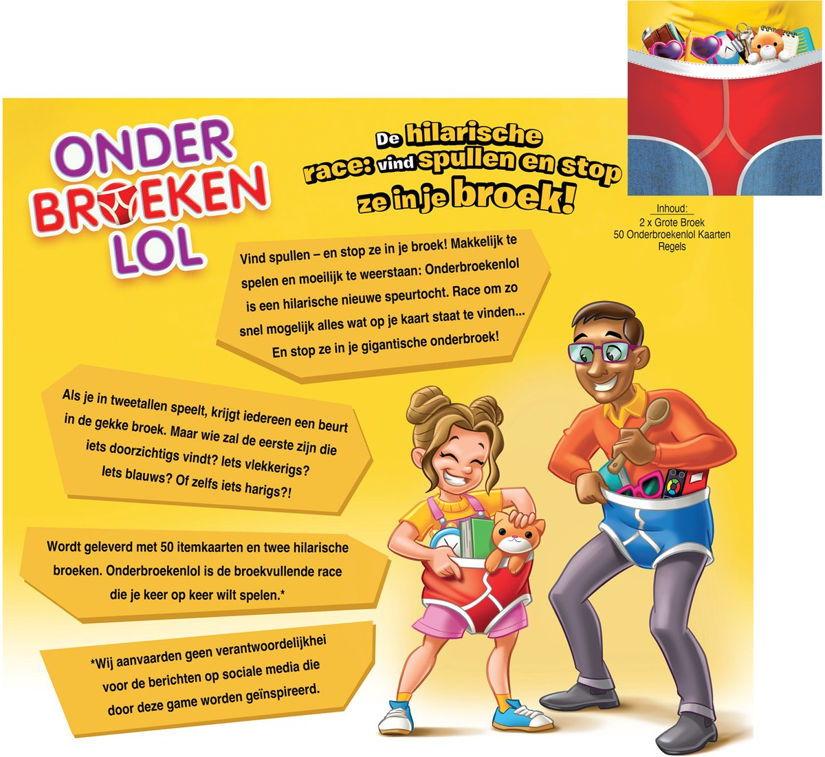 Illustratie voor een bordspel. Een man en een meisje dragen ondergoed. Het spel heet Onder Broeken LOL.