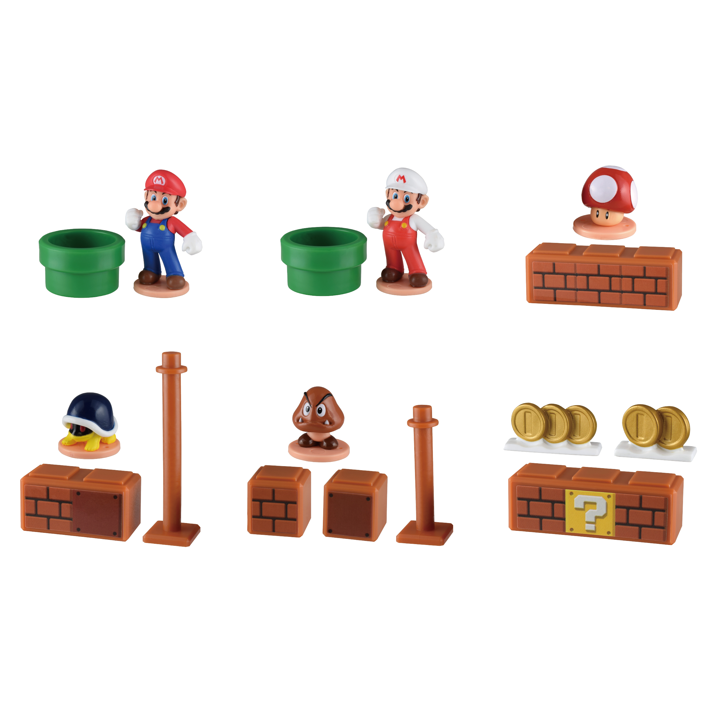 Das Bild zeigt verschiedene Mario-Figuren und Blöcke. Zu den Charakteren gehören Mario, Fire Mario, Goomba und ein Koopa Troopa.