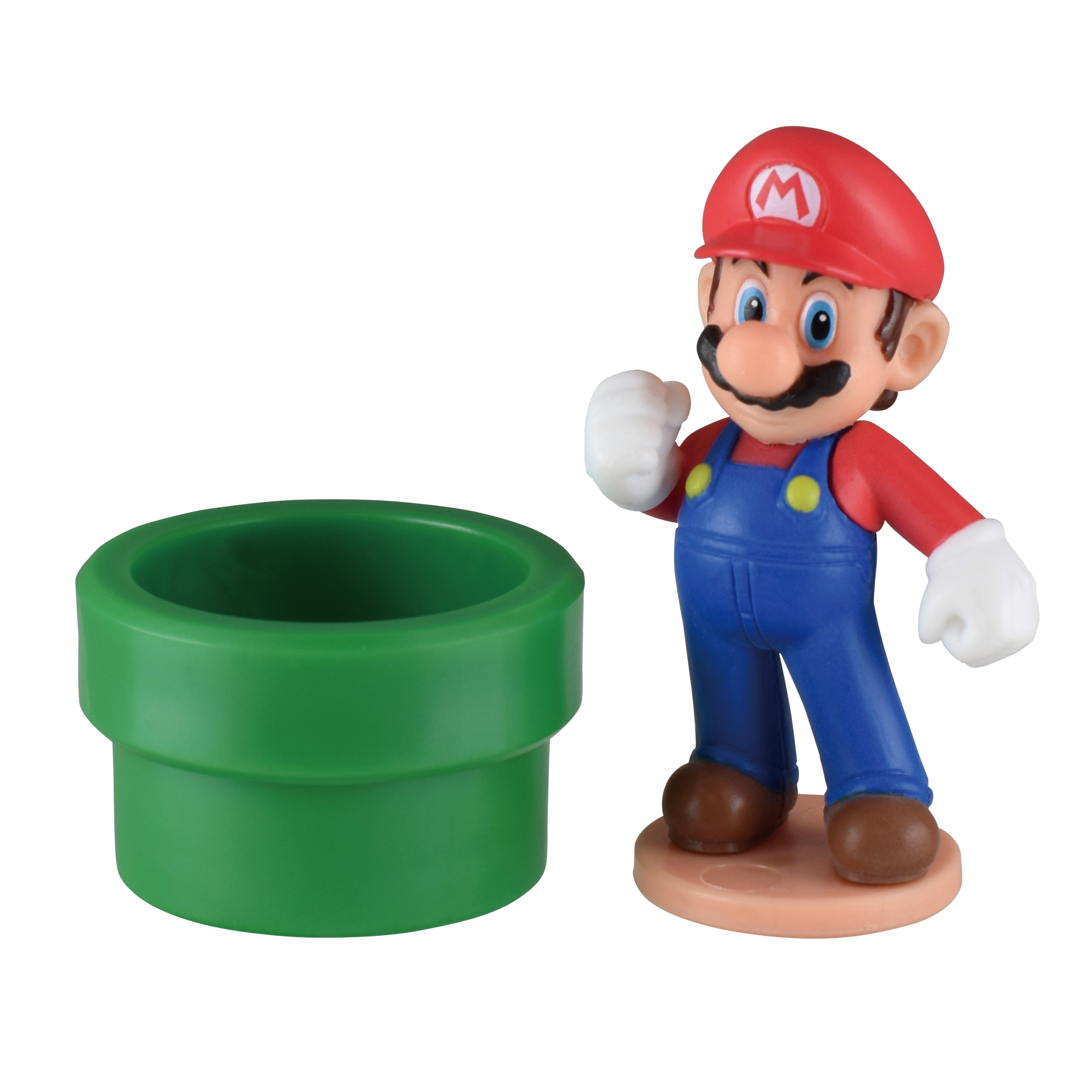 Eine Figur von Mario in blauen Overalls und einer roten Mütze befindet sich neben einem grünen Rohr vor weißem Hintergrund.