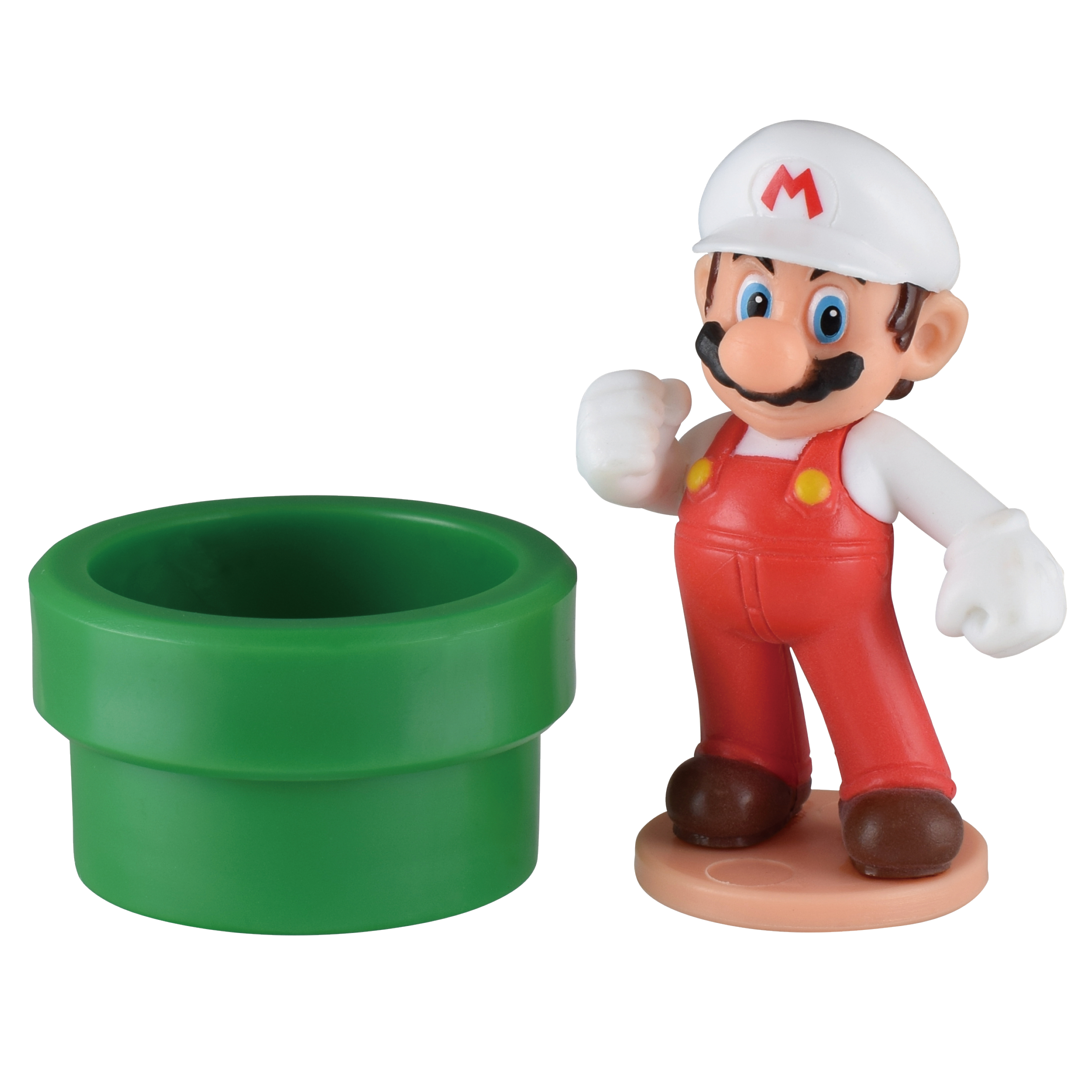 Eine Mario-Figur mit roter Kleidung und einer weißen Mütze mit einem 'M'. Daneben steht ein grünes Rohr. Weißer Hintergrund.