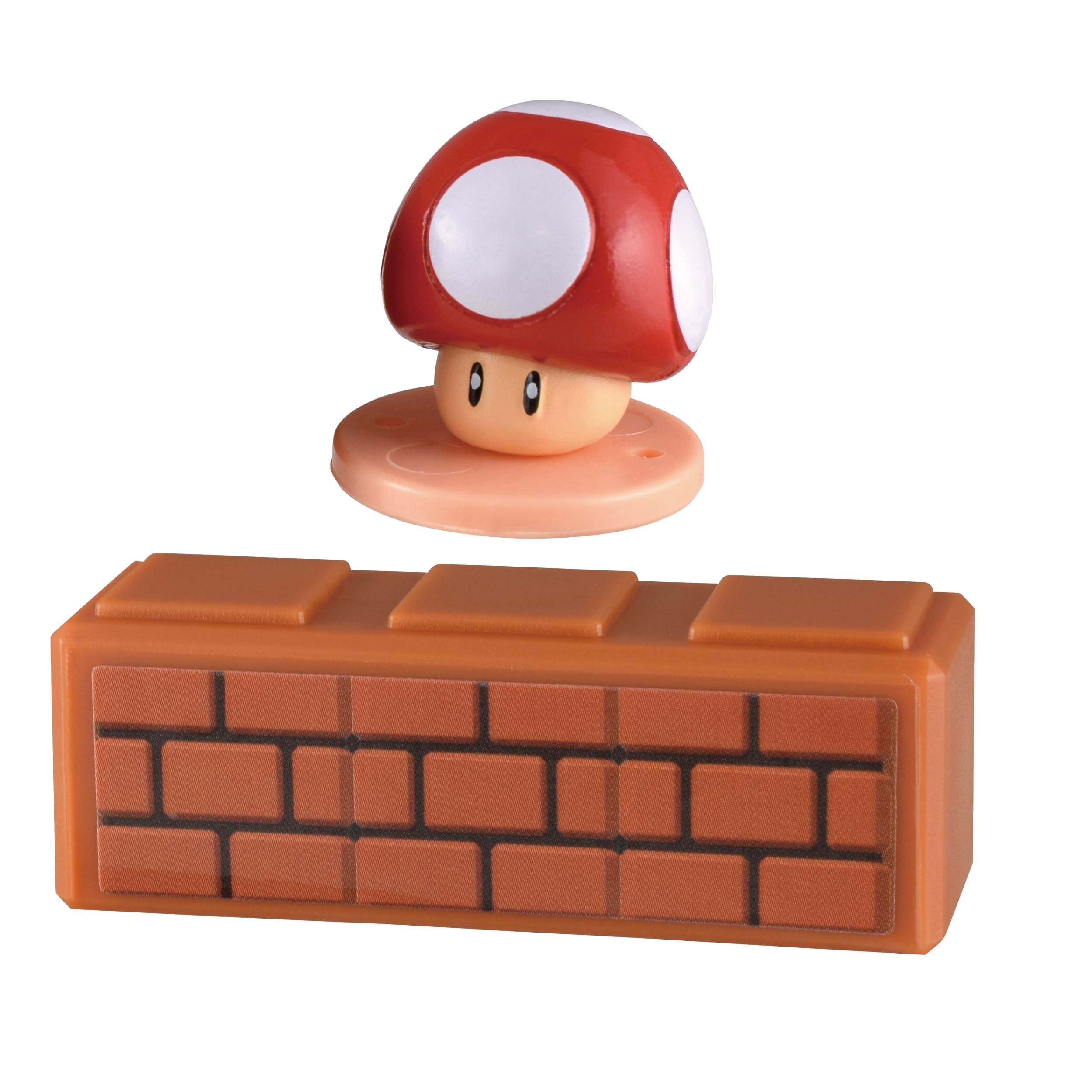 Eine rot-weiß Pilzfigur sitzt über einem braunen Backsteinblock, beide aus dem Mario-Universum.