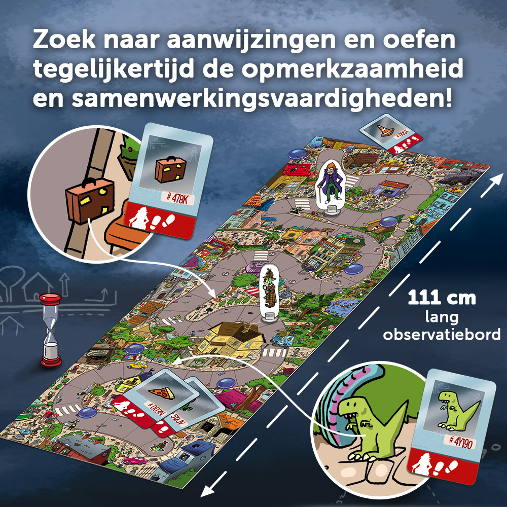 Gra planszowa ze wskazówkami. Pokazuje mapę ulic z kartami i postaciami. Tekst mówi, aby szukać wskazówek.