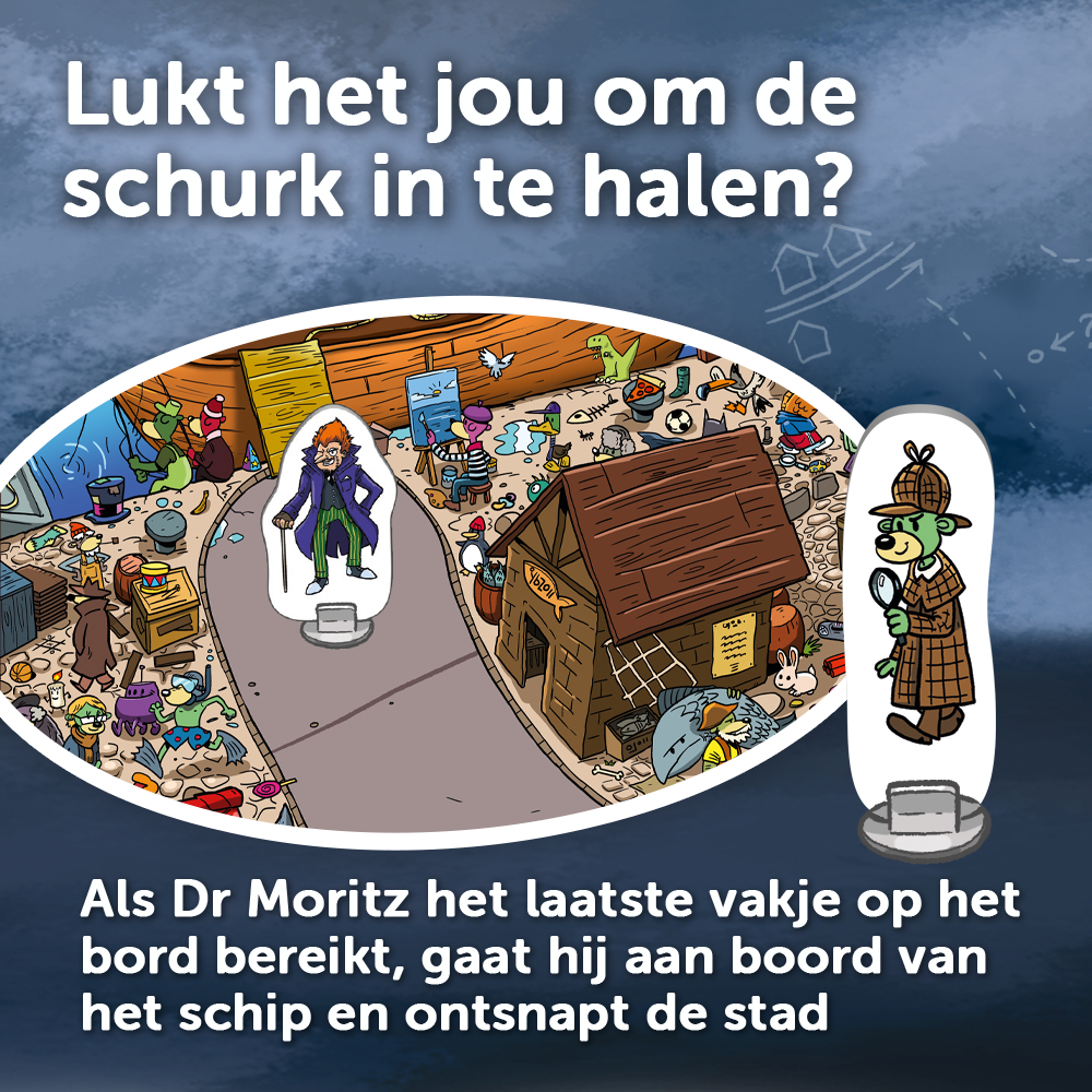 Scena z kreskówki z drogą, postaciami i domem. Tekst pyta, czy możesz złapać złoczyńcę, Dr. Moritza, zanim ucieknie.