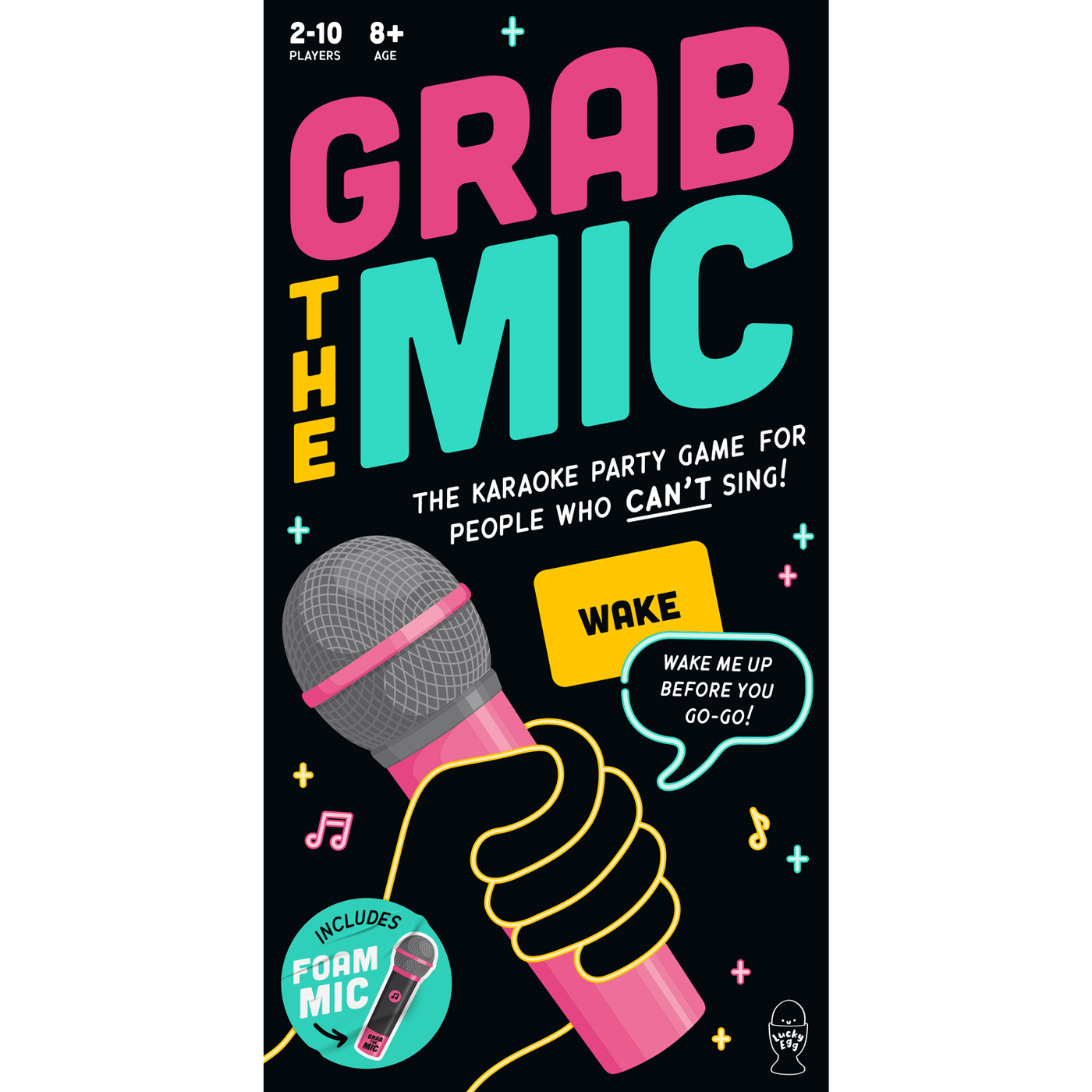 Illustrazione della scatola del gioco. Testo rosa e verde acqua: Grab the Mic. Microfono rosa tenuto in mano. Include un microfono in schiuma.