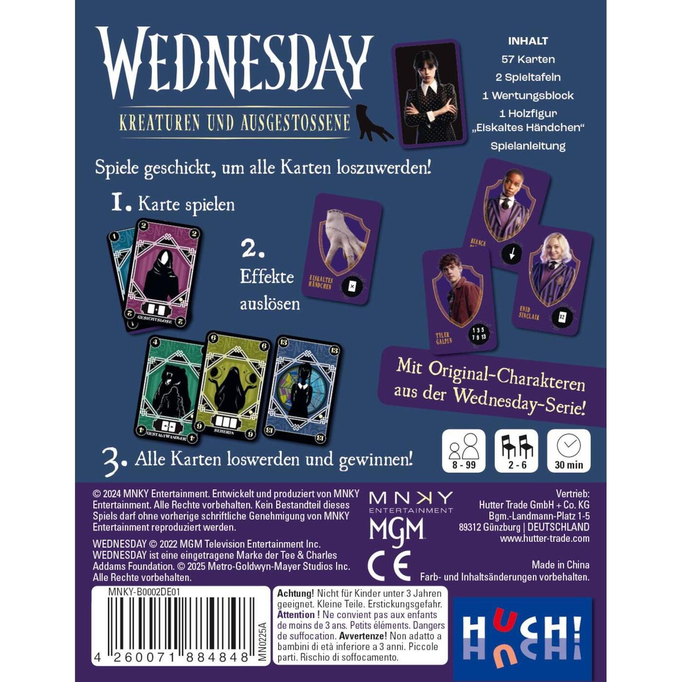 Illustrazione della scatola del gioco da tavolo Wednesday. I personaggi della serie sono mostrati sulle carte. Testo in tedesco.