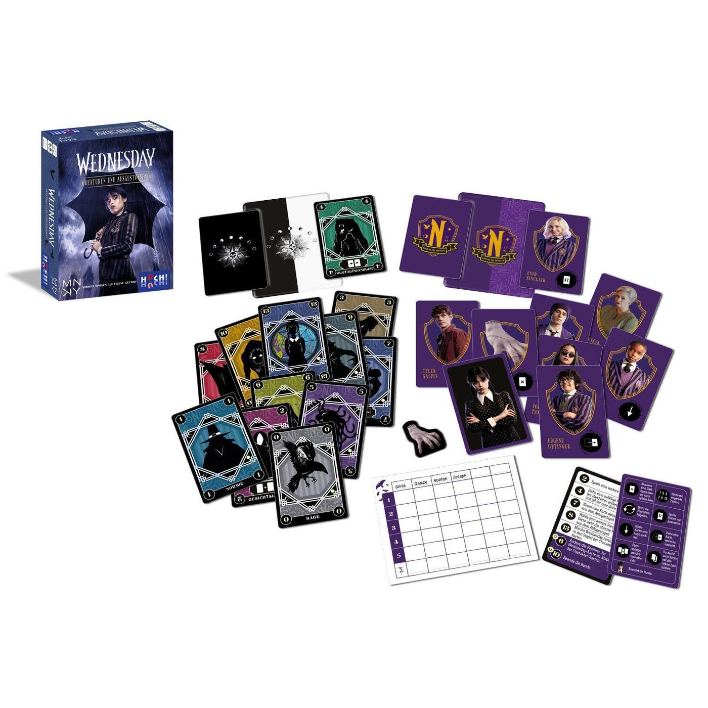 Viene mostrato un gioco da tavolo intitolato 'Wednesday', con carte personaggio, un tabellone segnapunti e una scatola che mostra una persona con un ombrello.