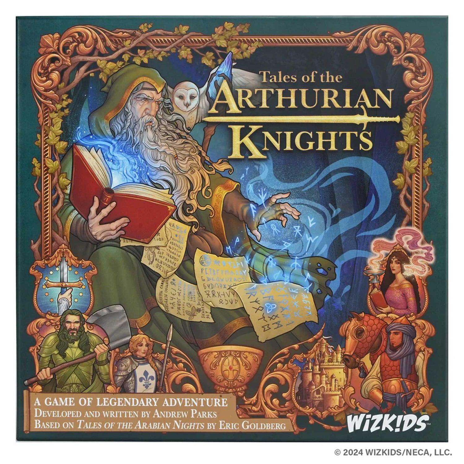 Illustrazione della scatola del gioco Tales of the Arthurian Knights. Un mago legge un libro, con cavalieri e un castello sullo sfondo.