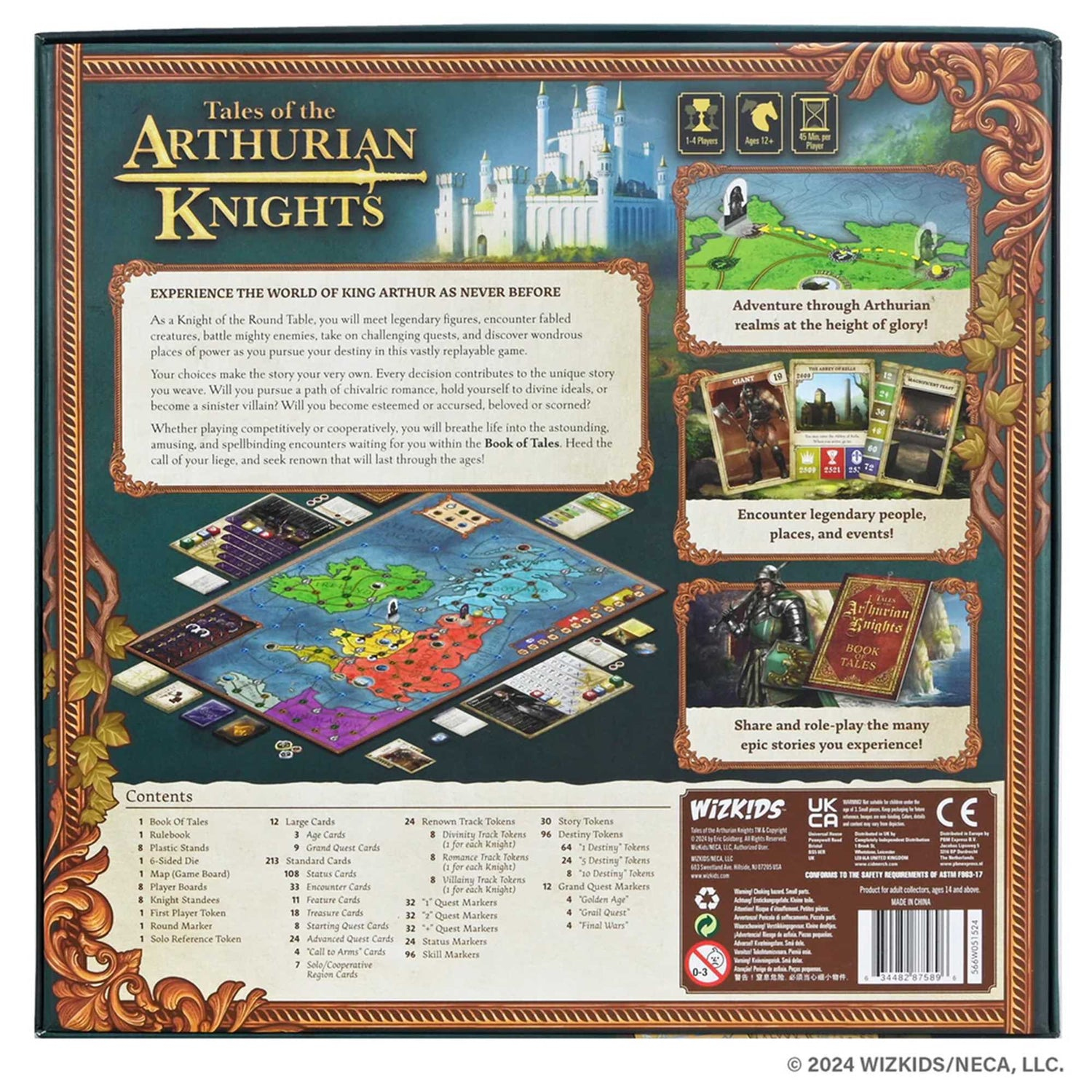 Illustrazione della scatola di Tales of the Arthurian Knights. Mostra componenti, personaggi e un paesaggio.