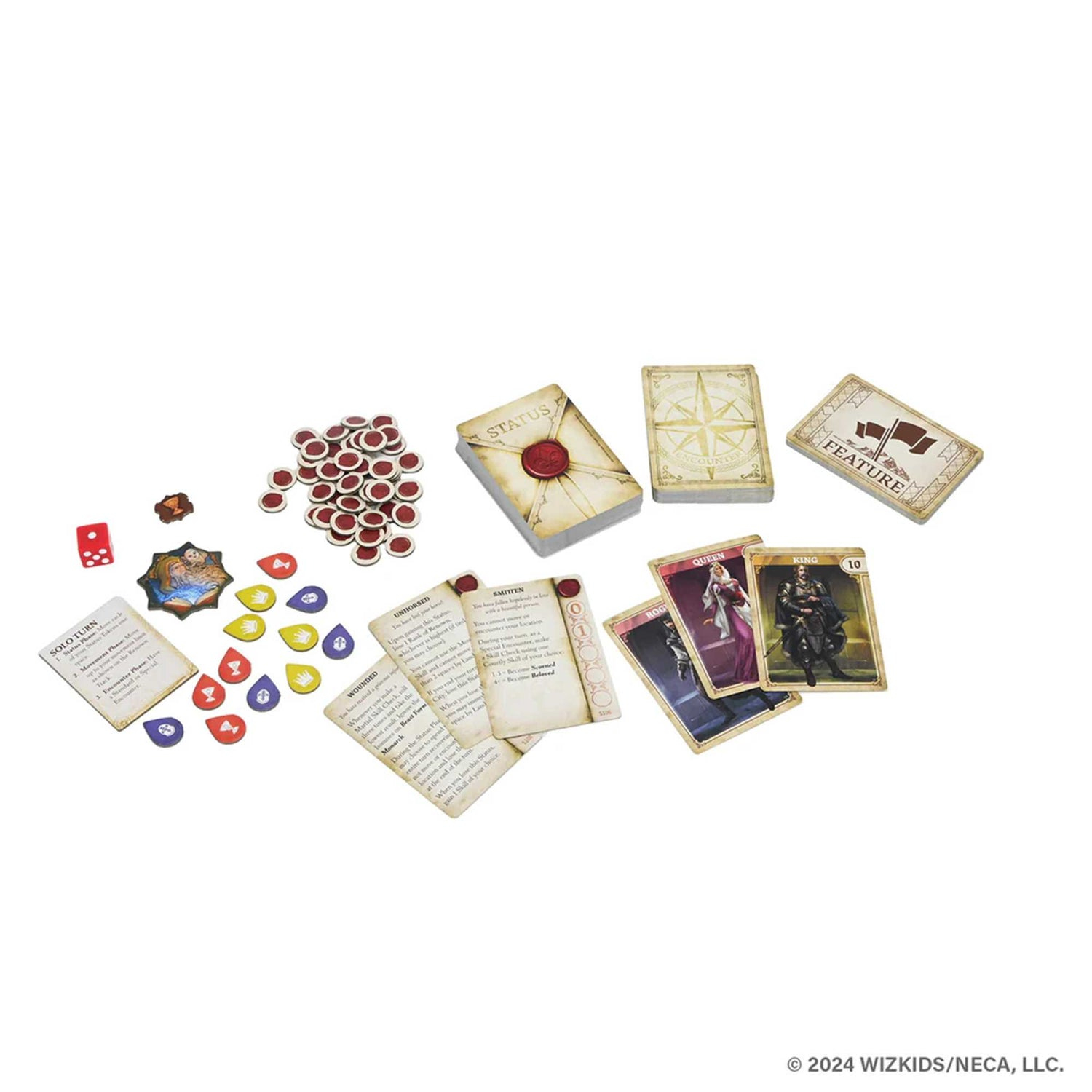 Componenti del gioco da tavolo: carte, gettoni, dadi e carte con le etichette 'Status', 'Feature' e 'Queen'.