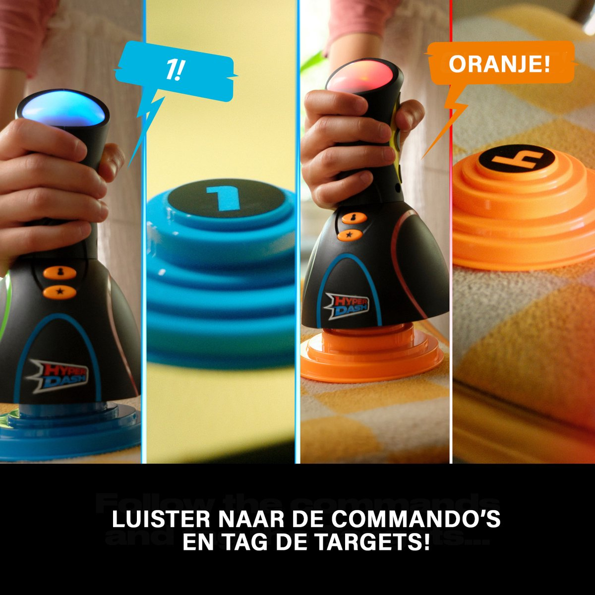 Een persoon houdt een zwart Hyper Dash-spel vast. Het spel licht blauw en oranje op en de doelen zijn ook blauw en oranje.