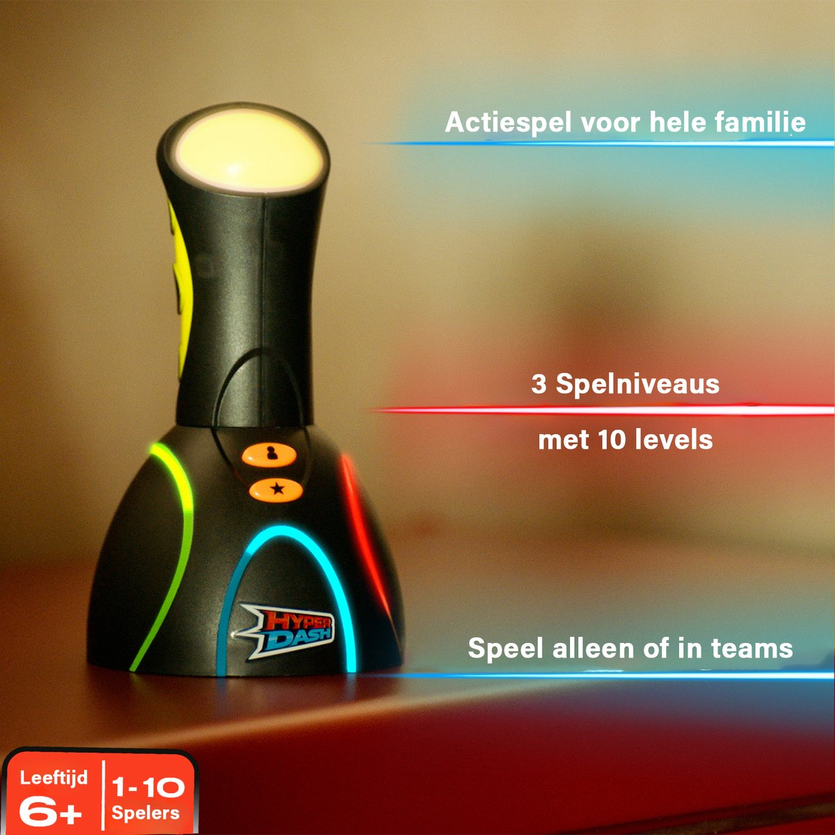 Een zwart Hyper Dash-spel met kleurrijke lichten. Tekst luidt: Actiespel voor het hele gezin, 3 niveaus, speel alleen of in teams.
