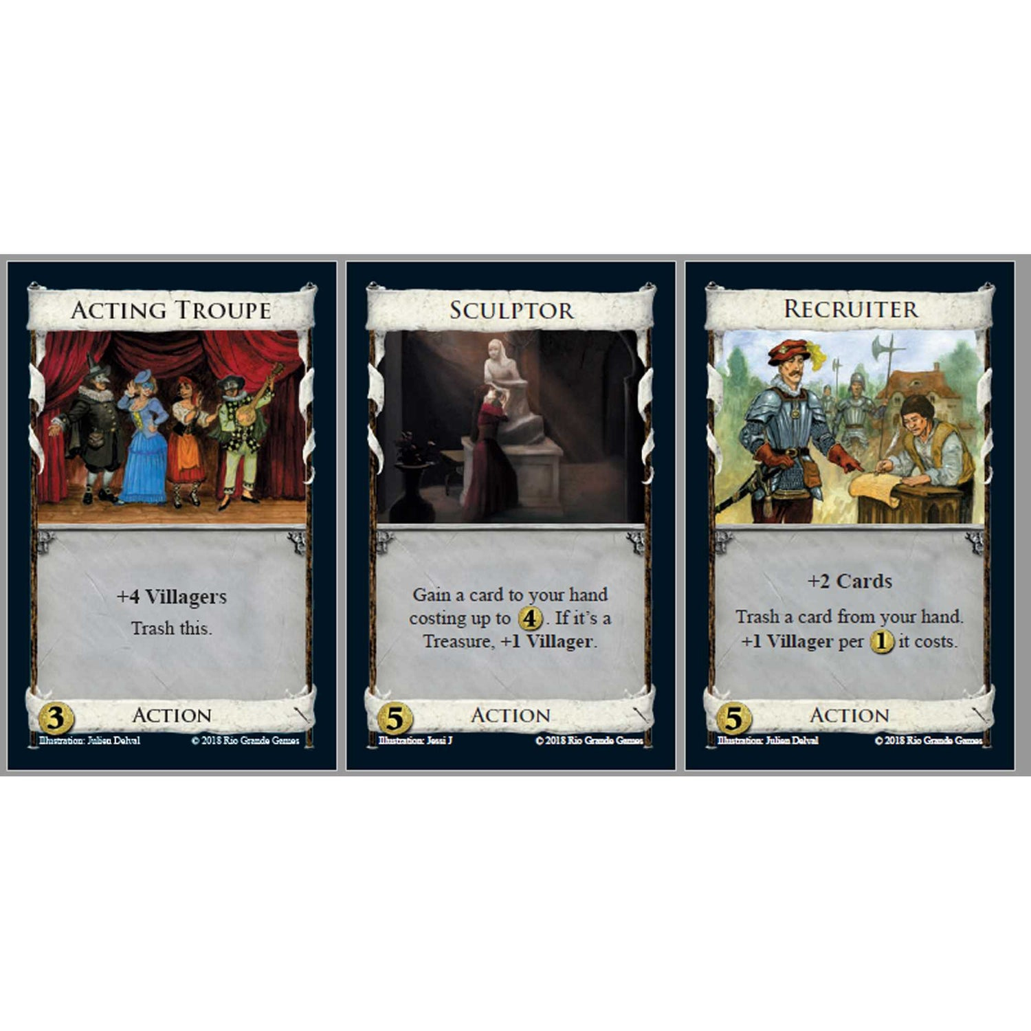 Drei Spielkarten: Schauspielertruppe, Bildhauer, und Anwerber. Jede Karte hat eine andere Illustration und Text.