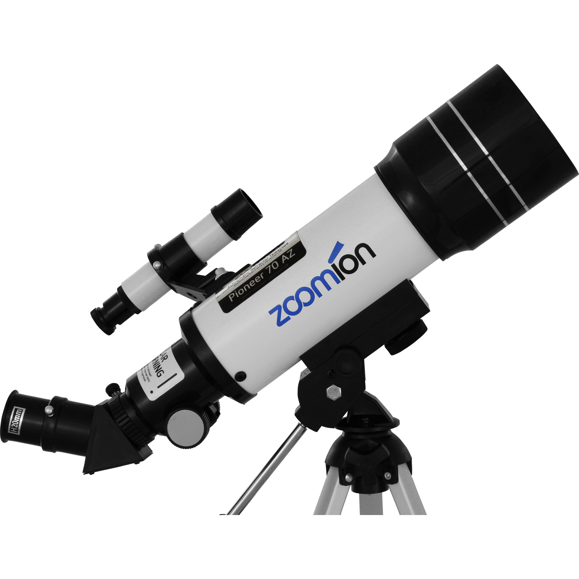 Ein weißes und schwarzes Zoomion Pioneer 70 AZ Teleskop auf einem Stativ. Es hat ein Hauptrohr, ein kleineres Fernrohr und eine Linse.