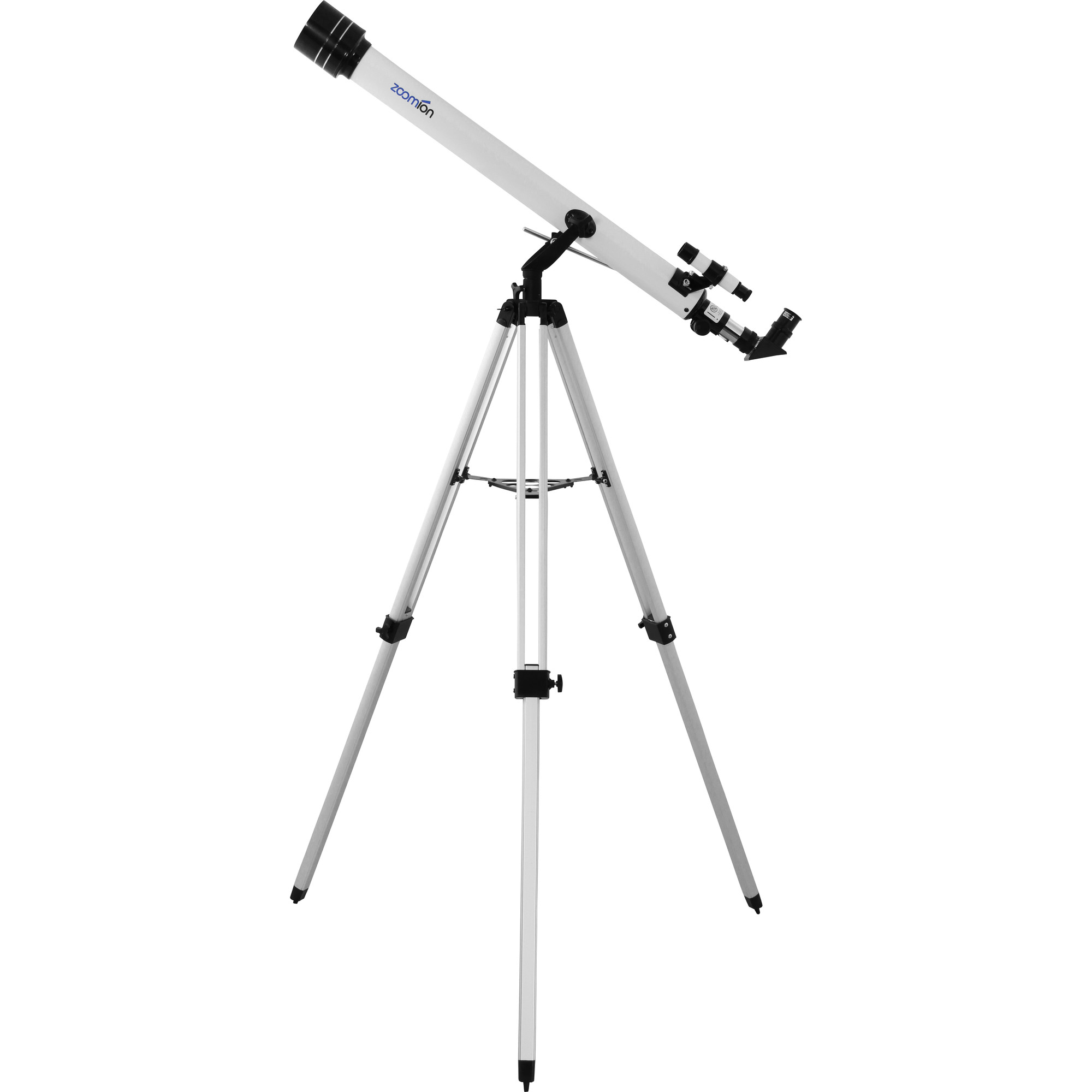 Ein weißes Teleskop auf einem silbernen Stativ. Das Teleskop ist nach oben gerichtet, mit dem Markennamen 'zcomion'.