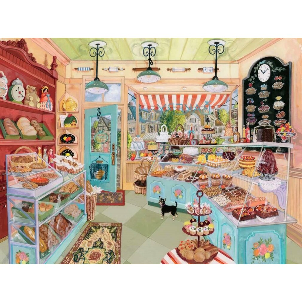 Una colorata scena di panetteria piena di pasticcini, pane e torte. Un cane nero è in negozio. Una porta si apre sulla strada.