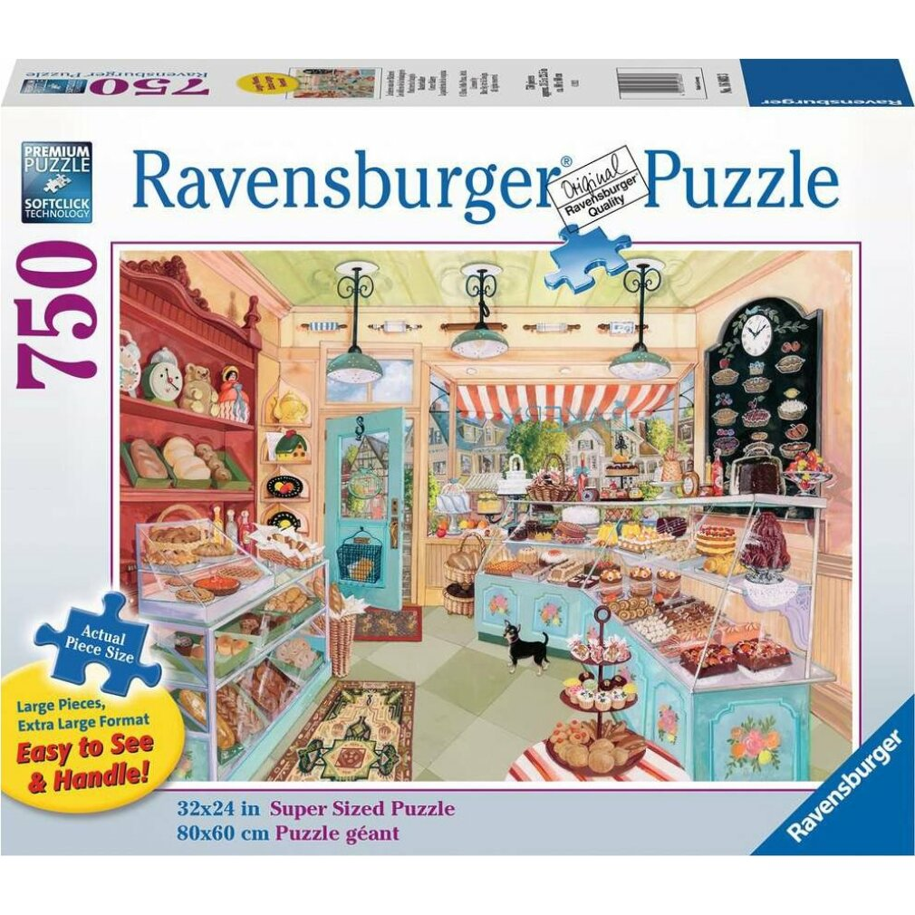 Un puzzle Ravensburger raffigura una scena di panetteria. Mostra espositori di pasticceria, un cane nero e una vista sull'esterno.