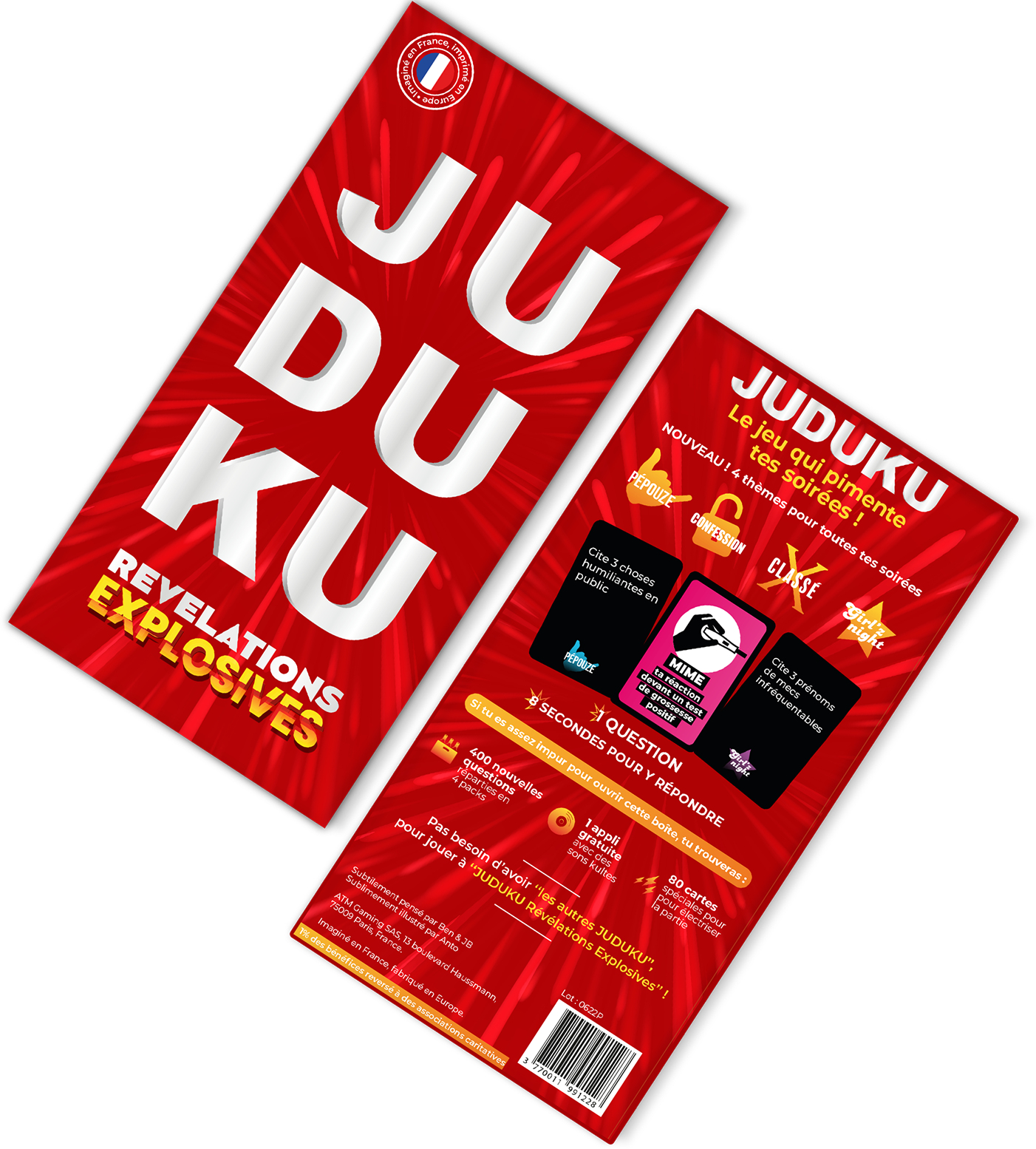 Scatola di gioco rossa con testo bianco: 'JUDUKU' e 'REVELATIONS EXPLOSIVES'. Contiene carte con sfide e temi per la serata giochi.
