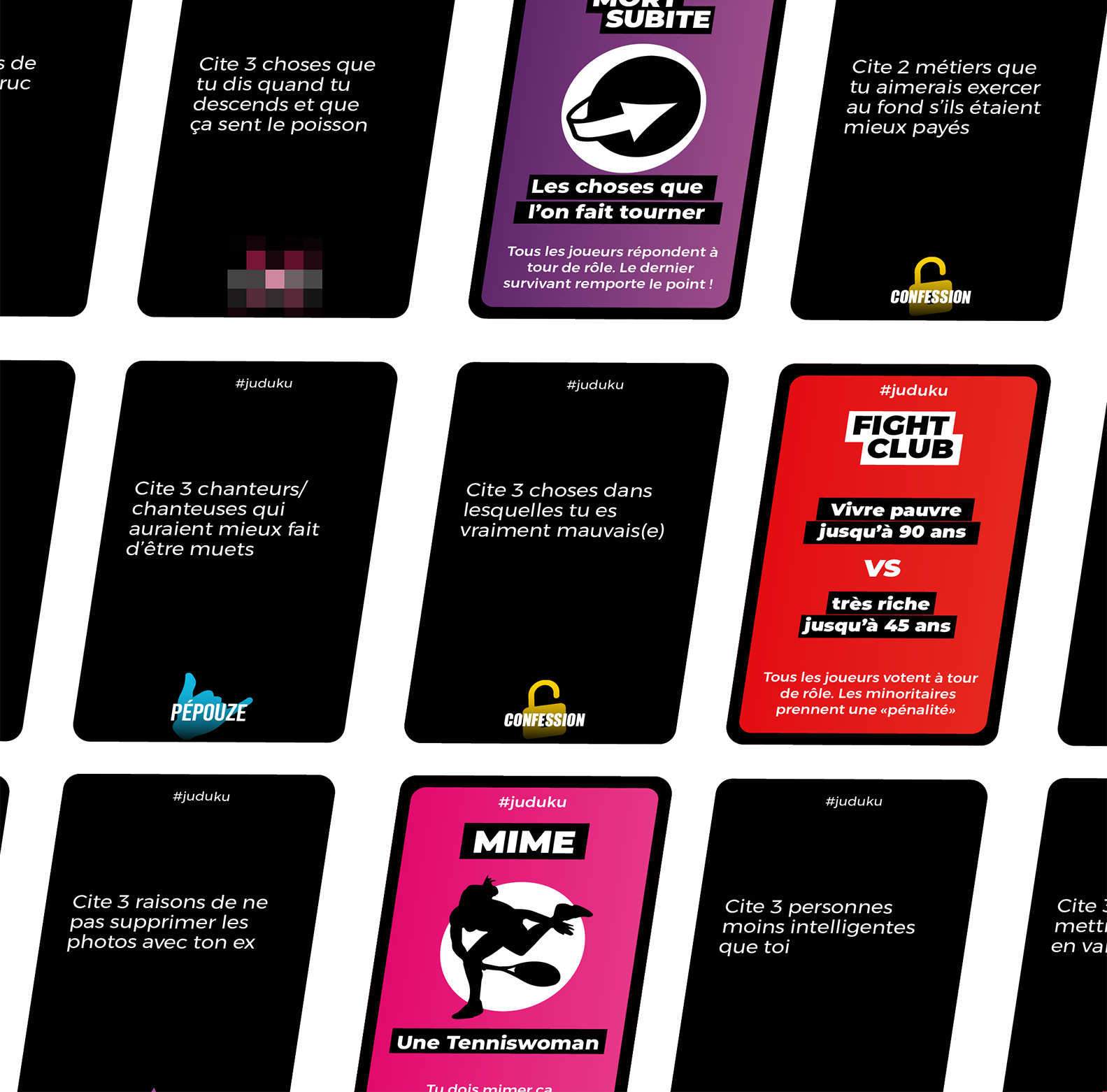 Carte con vari suggerimenti e istruzioni di gioco, tra cui 'Mime' e 'Fight Club'.