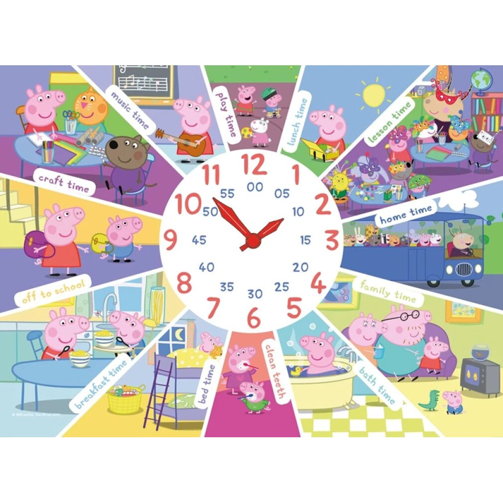 Un orologio mostra i diversi momenti della giornata con i personaggi di Peppa Pig. Le scene includono la scuola, il tempo di gioco, il tempo in famiglia e l'ora di andare a dormire.