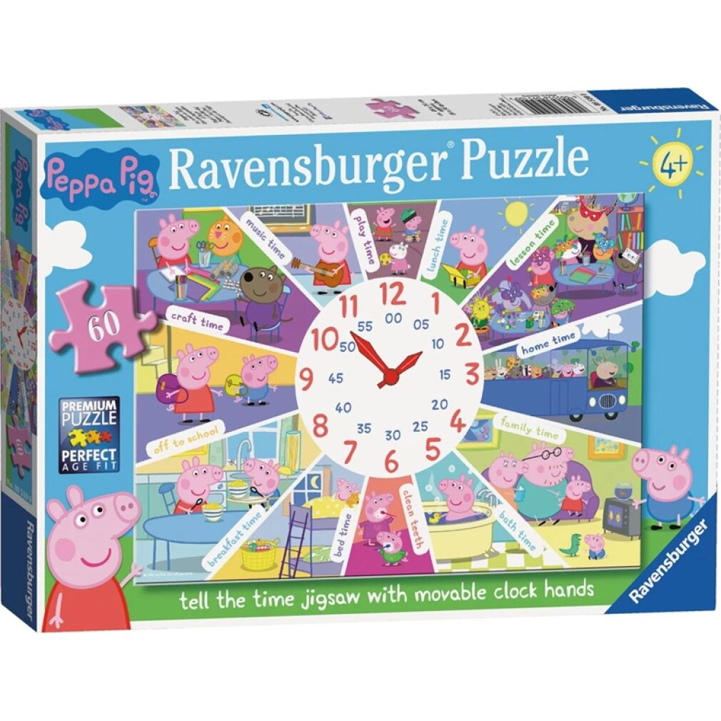 Scatola puzzle a tema Peppa Pig. Raffigura un orologio con attività come colazione, scuola e ora di andare a letto. Include 60 pezzi.