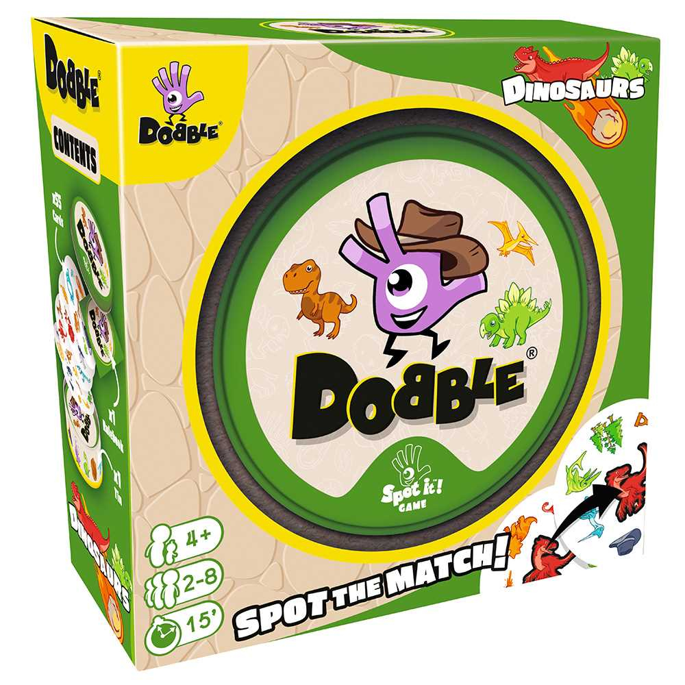 Die Dobble Dinosaurs Spielbox. Sie hat einen grünen Kreis mit Dinosauriern darauf. Die Box hat das Dobble-Logo und sagt: Finde den Match!