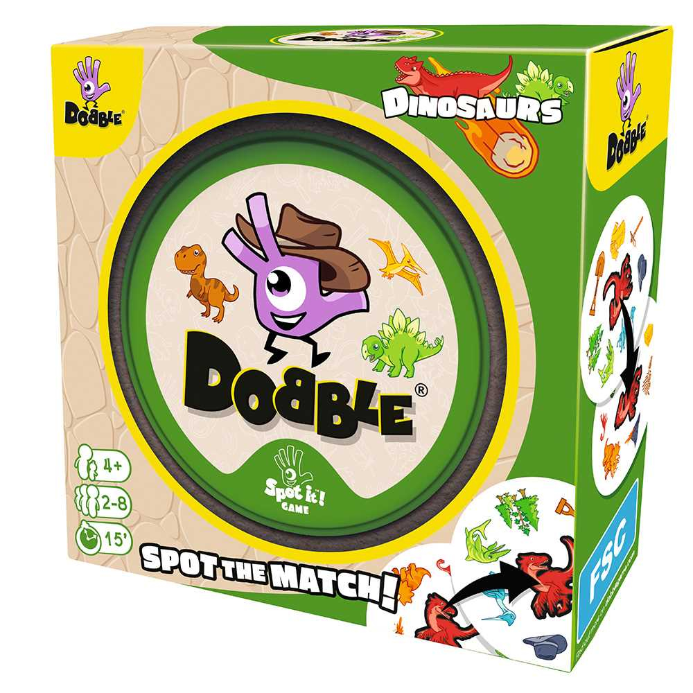 Eine Spielbox 'Dobble Dinosaurs'. Die Box hat ein grünes und braunes Farbschema. Es zeigt Dinosaurier und eine lila Cartoon-Figur.