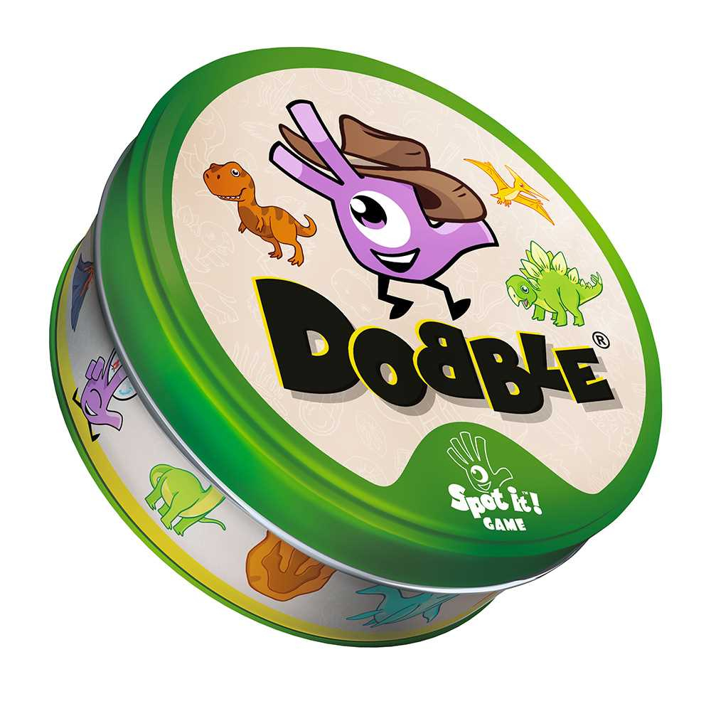 Eine 'Dobble'-Spieldose mit Dinosauriern und einer lila Cartoon-Figur mit Cowboyhut. Die Dose ist grün und weiß.
