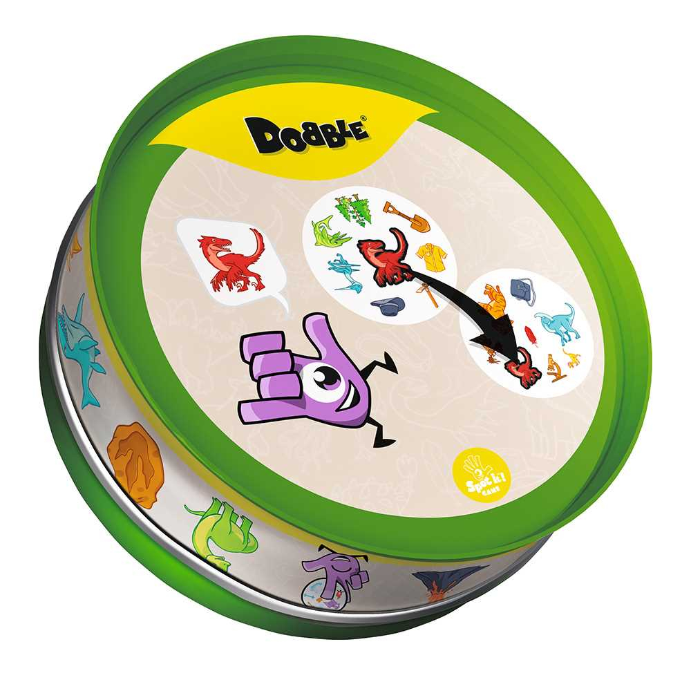Eine Dooble-Spielzeugdose. Enthält Zeichnungen von Dinosauriern, Hemden und anderen Objekten. Die Dose ist grün und gelb.