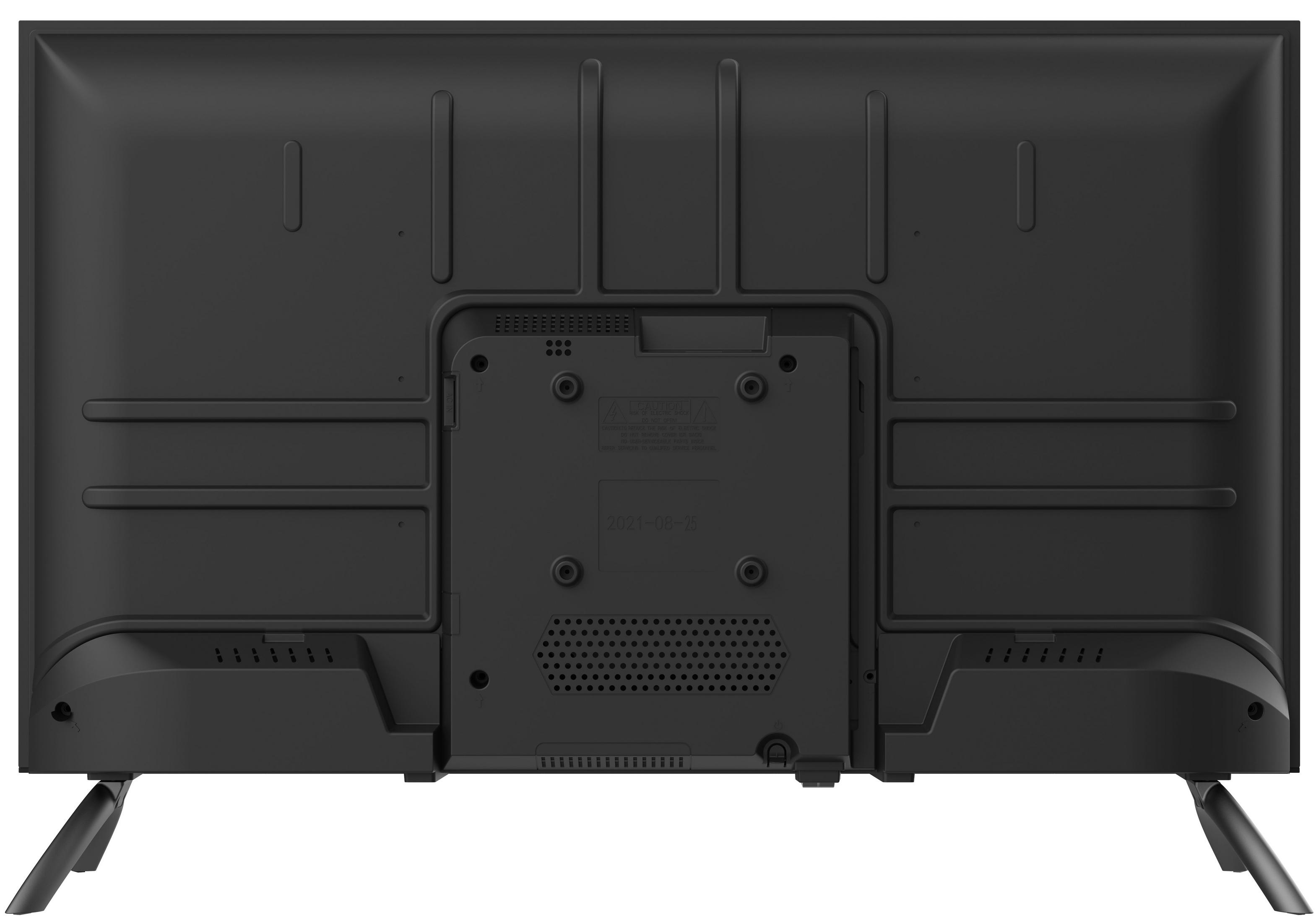 Vista trasera de un televisor negro. Tiene un panel central, varias rejillas y dos patas de soporte.