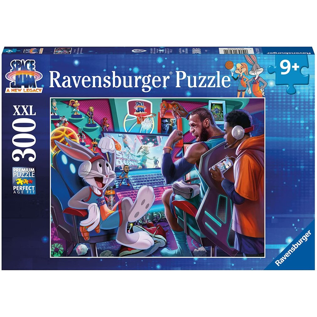 Scatola puzzle Ravensburger. Bugs Bunny e LeBron James giocano. Altri personaggi sullo schermo. Età 9+. XXL 300 pezzi.