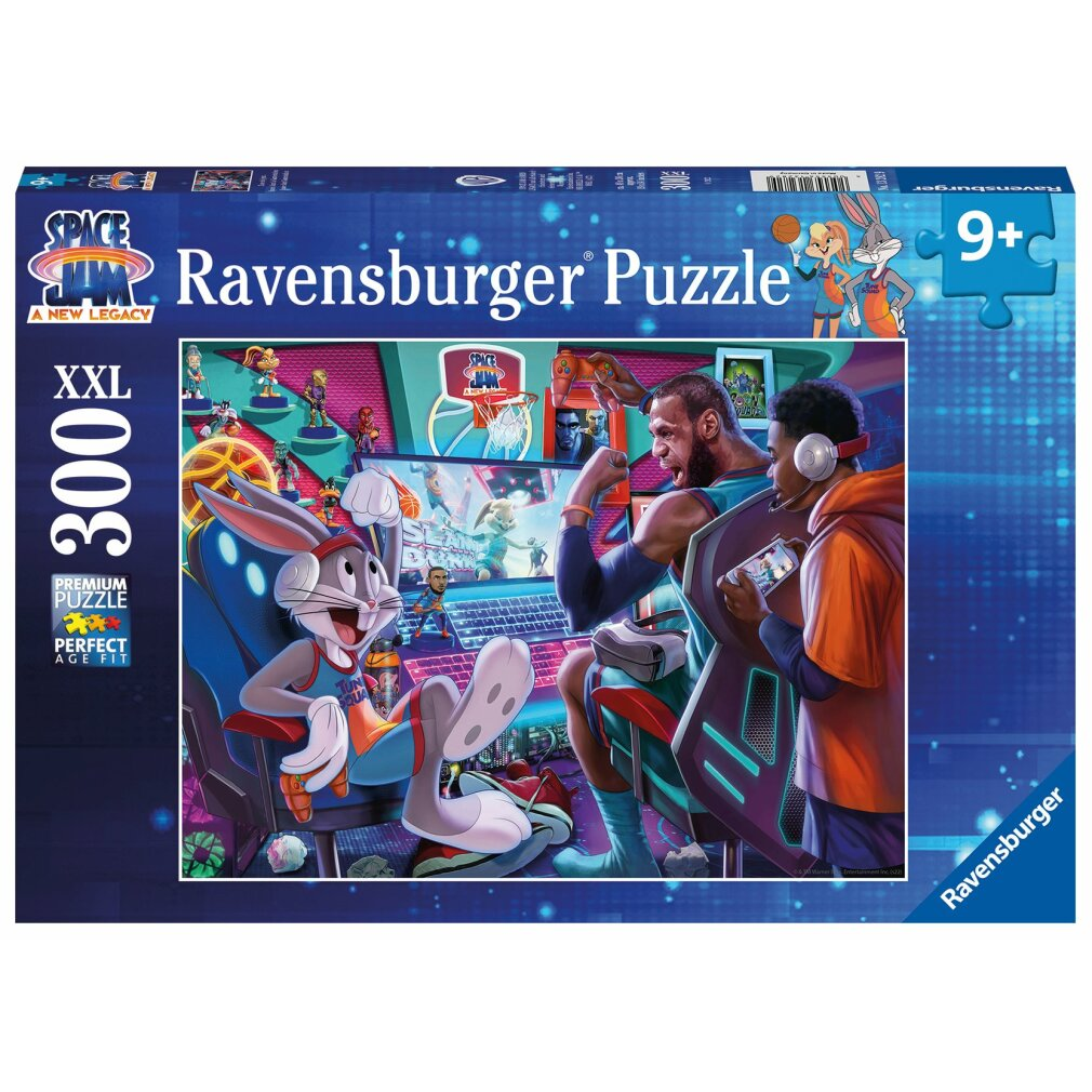 Scatola di puzzle con Bugs Bunny, LeBron James e un giovane che gioca ai videogiochi. La scatola dice Space Jam e Ravensburger.