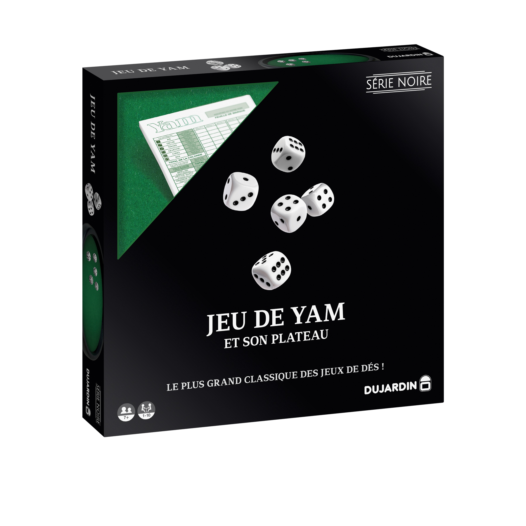 De doos van het bordspel 'Jeu de Yam' heeft dobbelstenen en een groen viltgebied. De doos is zwart met witte letters.