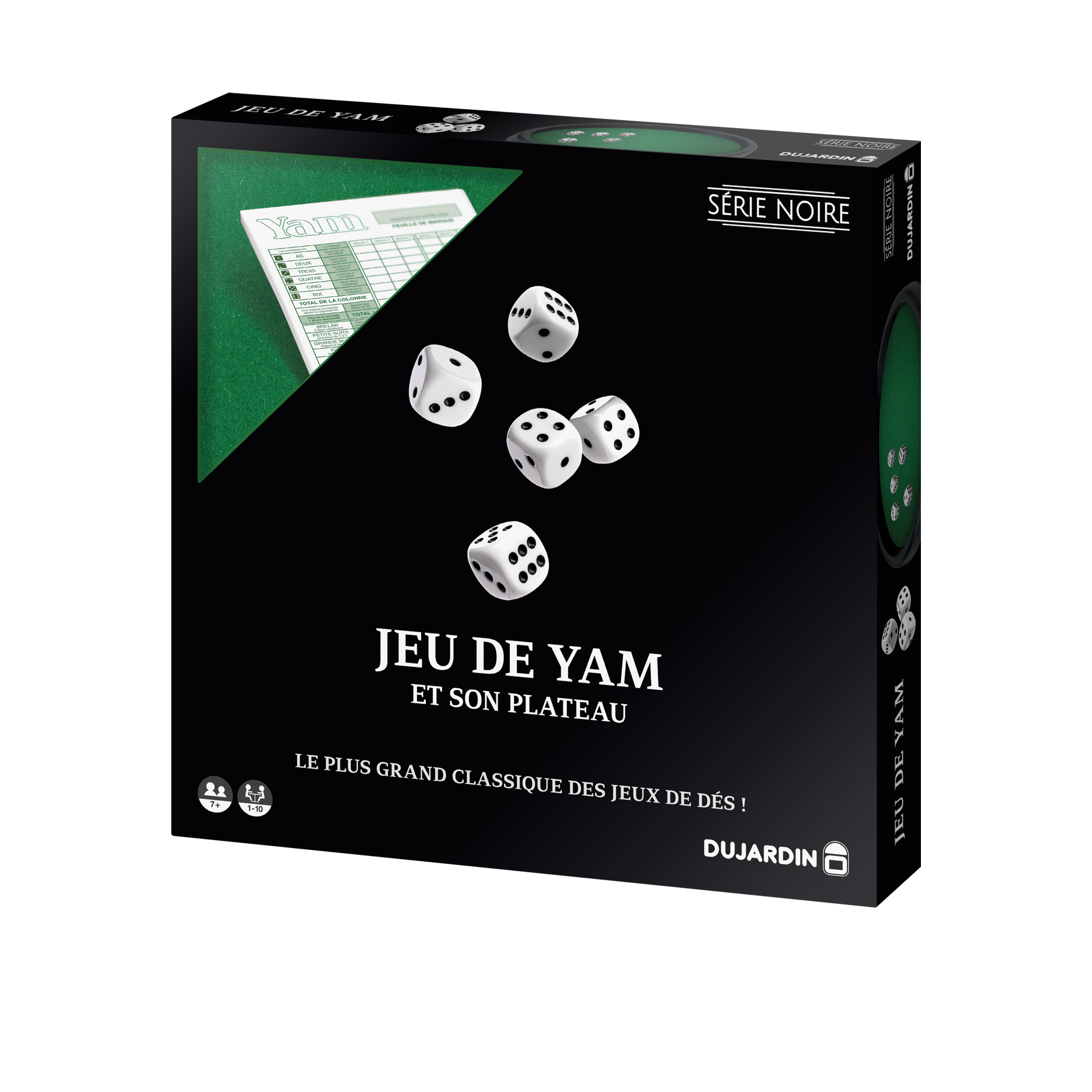 Een doos van het dobbelspel 'Jeu de Yam'. Witte dobbelstenen verspreid ervoor. Tekst en logo op de zwarte doos.