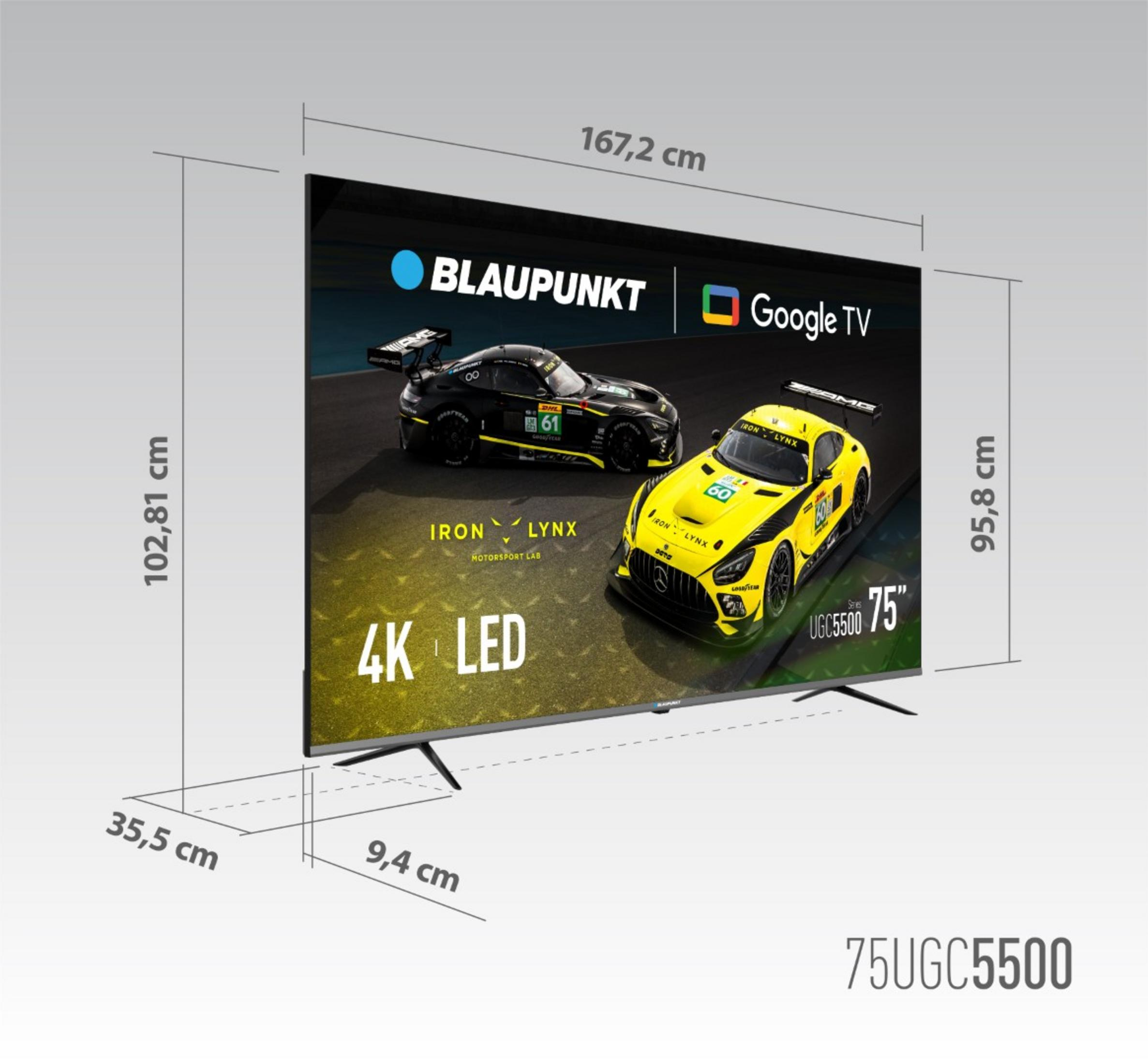 Telewizor Blaupunkt 75" z samochodami wyścigowymi. Pokazano wymiary. Widoczne logo 4K LED i Google TV.
