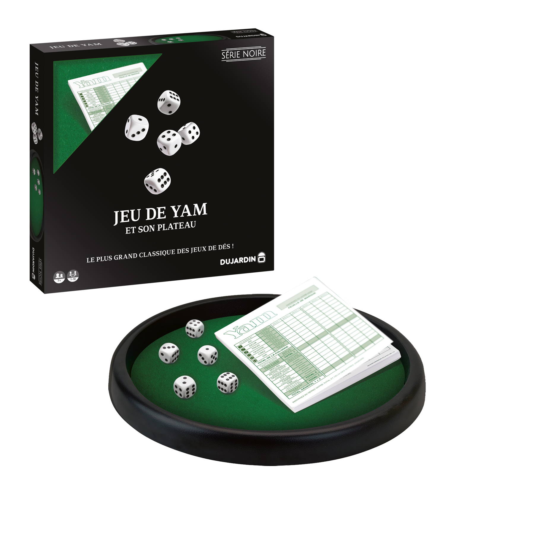 Een Yam-speldoos en een dobbelbak. De doos heeft dobbelstenen, een scoreblad en de spelnaam. De dobbelstenen liggen in de bak.