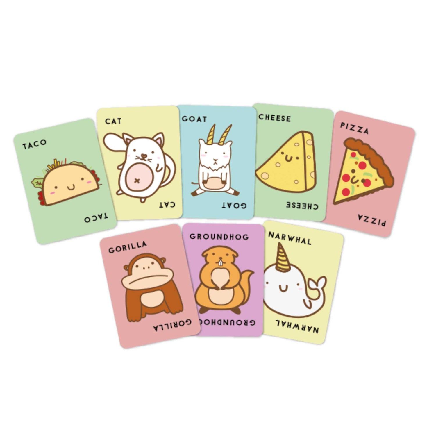 Karten mit niedlichen Illustrationen: Taco, Katze, Ziege, Käse, Pizza, Gorilla, Murmeltier und Narwal. Jede Karte hat einen Namen.