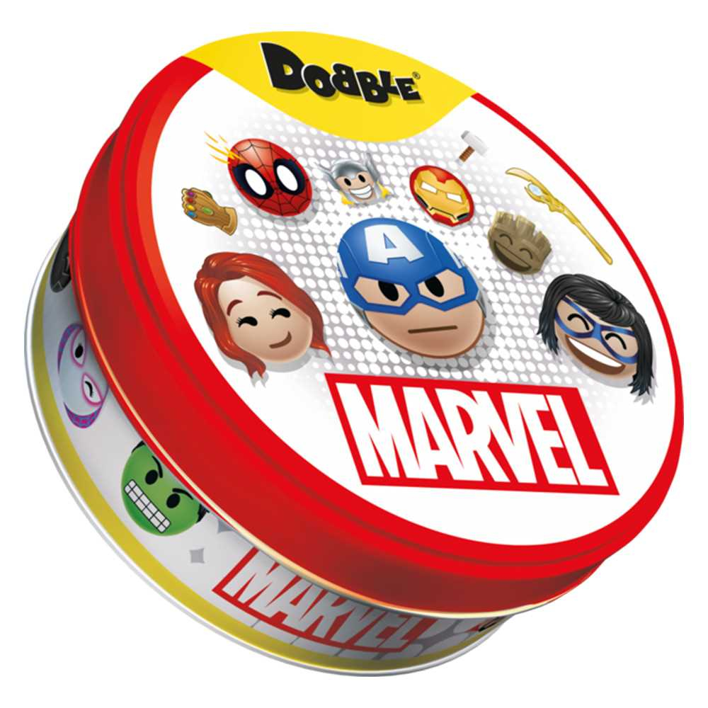 Okrągła puszka do gry Marvel Dobble. Zawiera postacie Marvela, takie jak Spider-Man, Kapitan Ameryka i Iron Man. Puszka jest czerwona i biała.