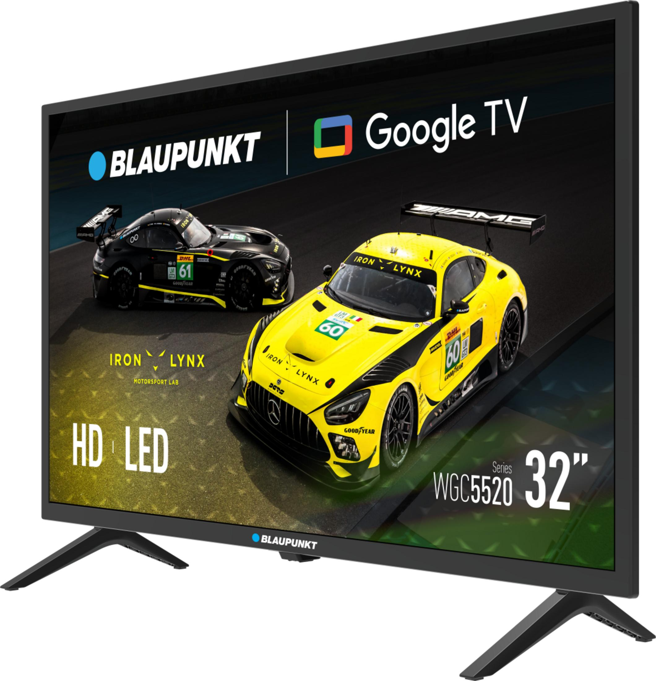 Telewizor Blaupunkt wyświetla dwa samochody wyścigowe, jeden żółty i jeden czarny, na torze. Logo Google TV jest widoczne.