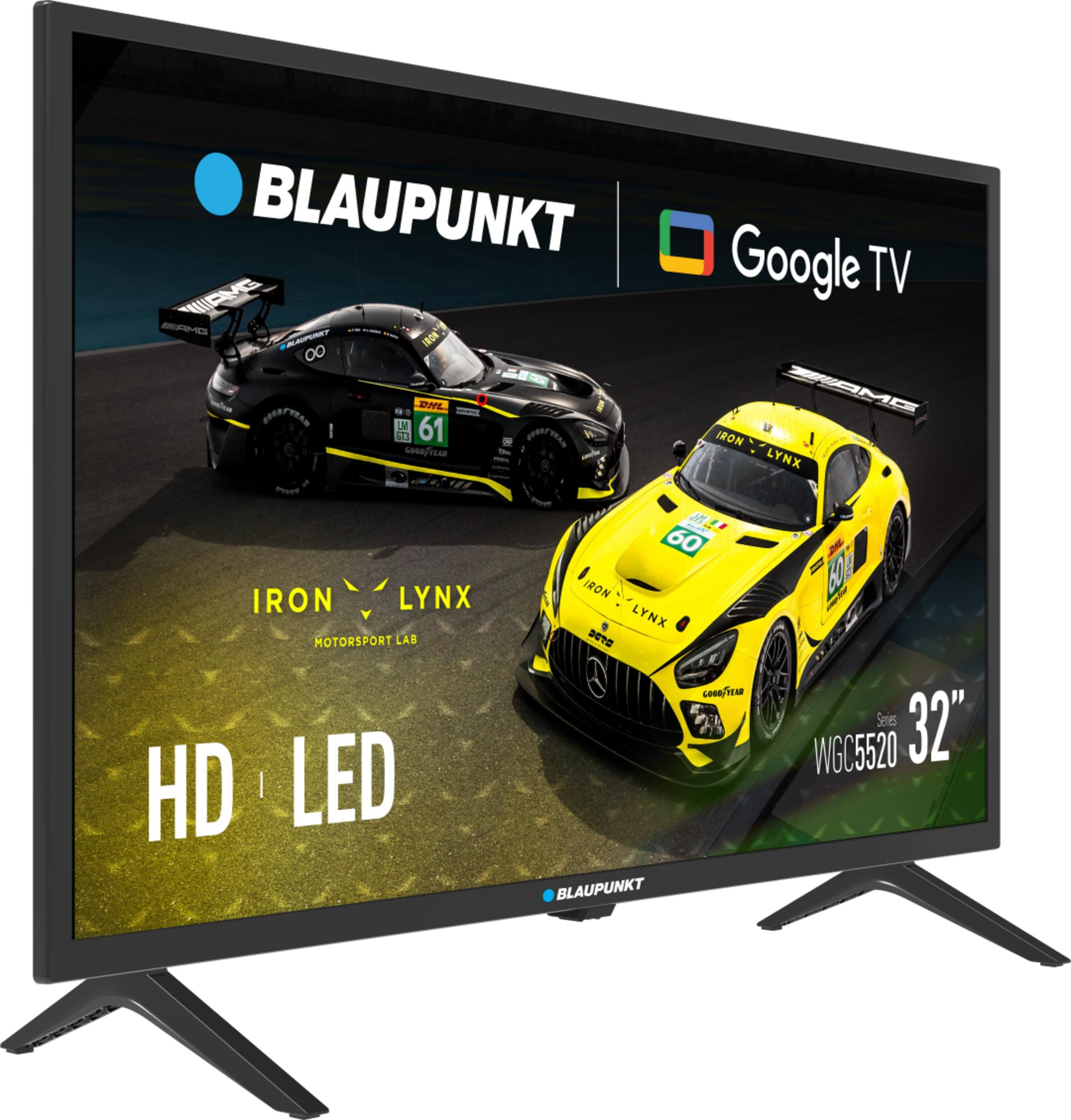 Telewizor Blaupunkt 32" wyświetla dwa samochody wyścigowe, czarny i żółty, z logo Google TV.